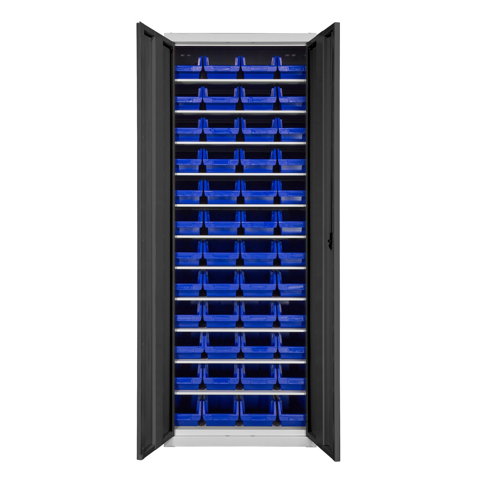 PROREGAL® Spind Flügeltürenschrank Owl mit 11 Fachböden + 48 Sichtlagerkästen, Grau