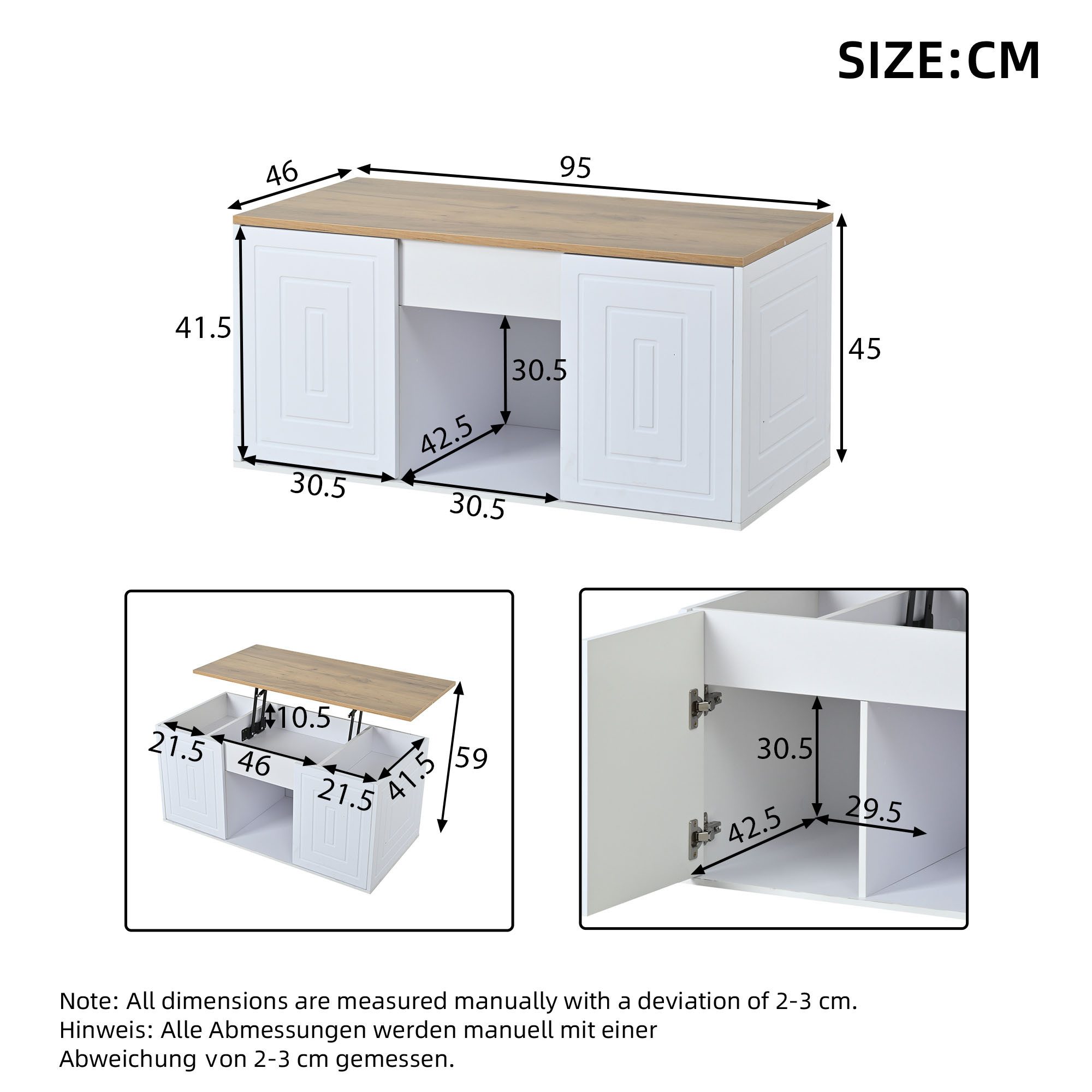 KLAM HOME Couchtisch Multifunktions Tisch Weiß-Natur mit Stauraum und Hubfunktion (Couchtisch 95×46×45cm höhenverstellbar bis 59cm mit Doppeltüren), Kombinierter Sofatisch nutzbar als Beistelltisch & Heimarbeitsplatz