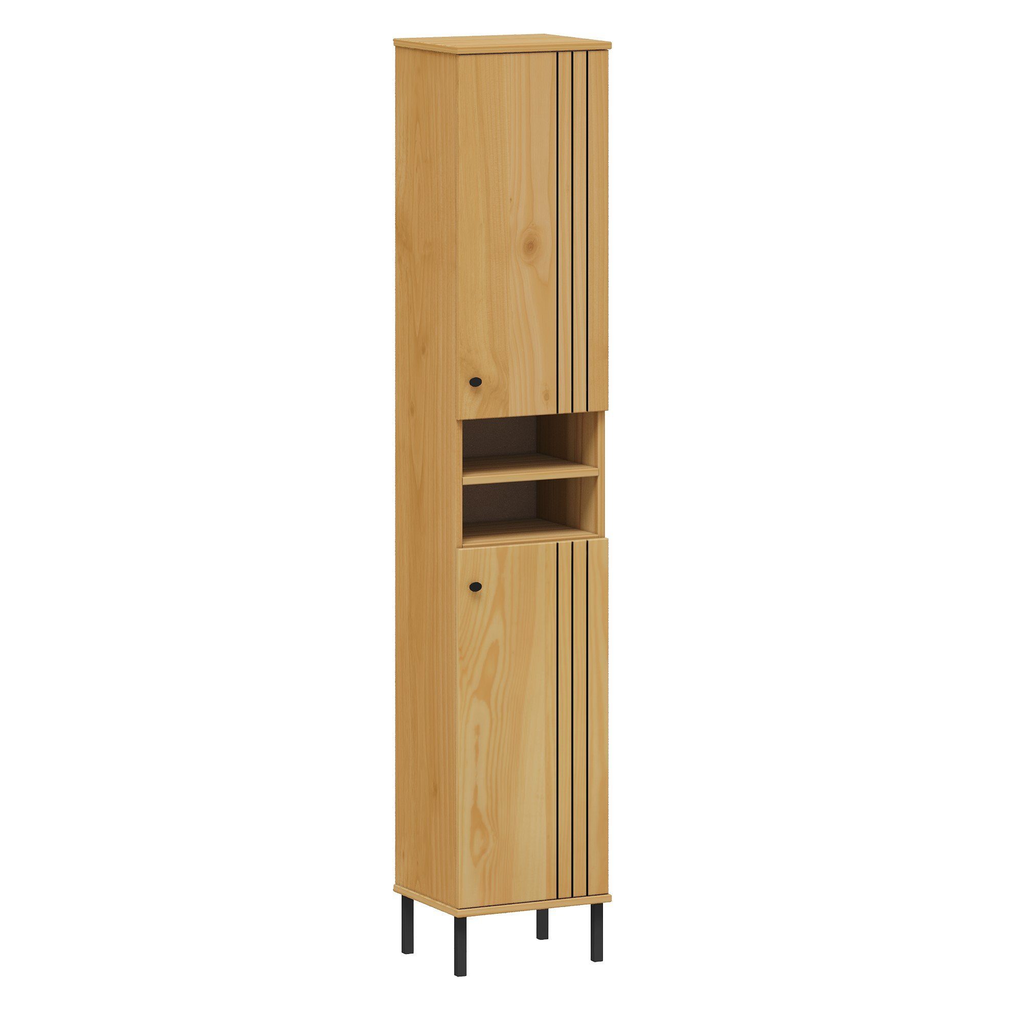 Woodroom Hochschrank Sevilla (aus massiver Kiefer lackiert, elegante Eiche-Optik, viel Stauraum auf kleiner Fläche, Holzschrank für Badezimmer, 2-türig) Badschrank & Regal (lackiert, modern)
