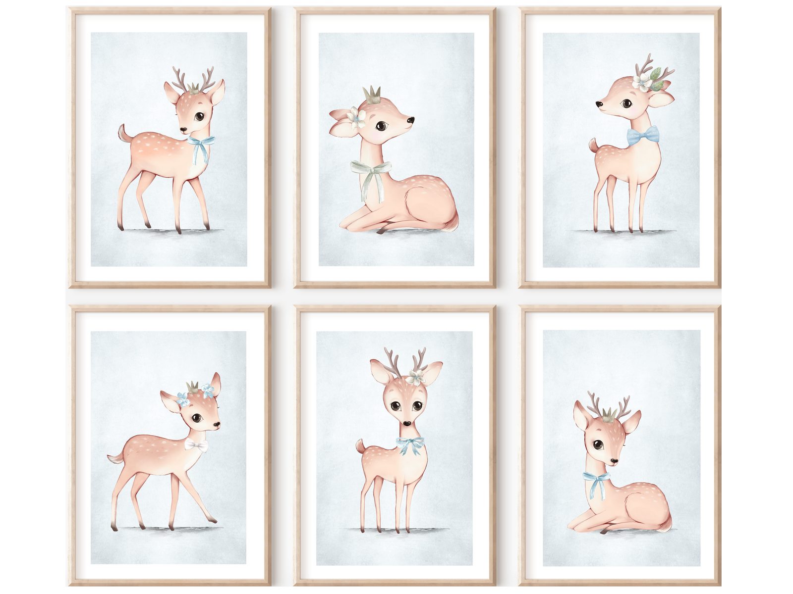 homestyle-accessoires Poster Wandbilder Bilderset Kinderbilder BABY BAMBI REH Blau 6er Set, - Ohne Bilderrahmen - sorgfältige & sichere Verpackung