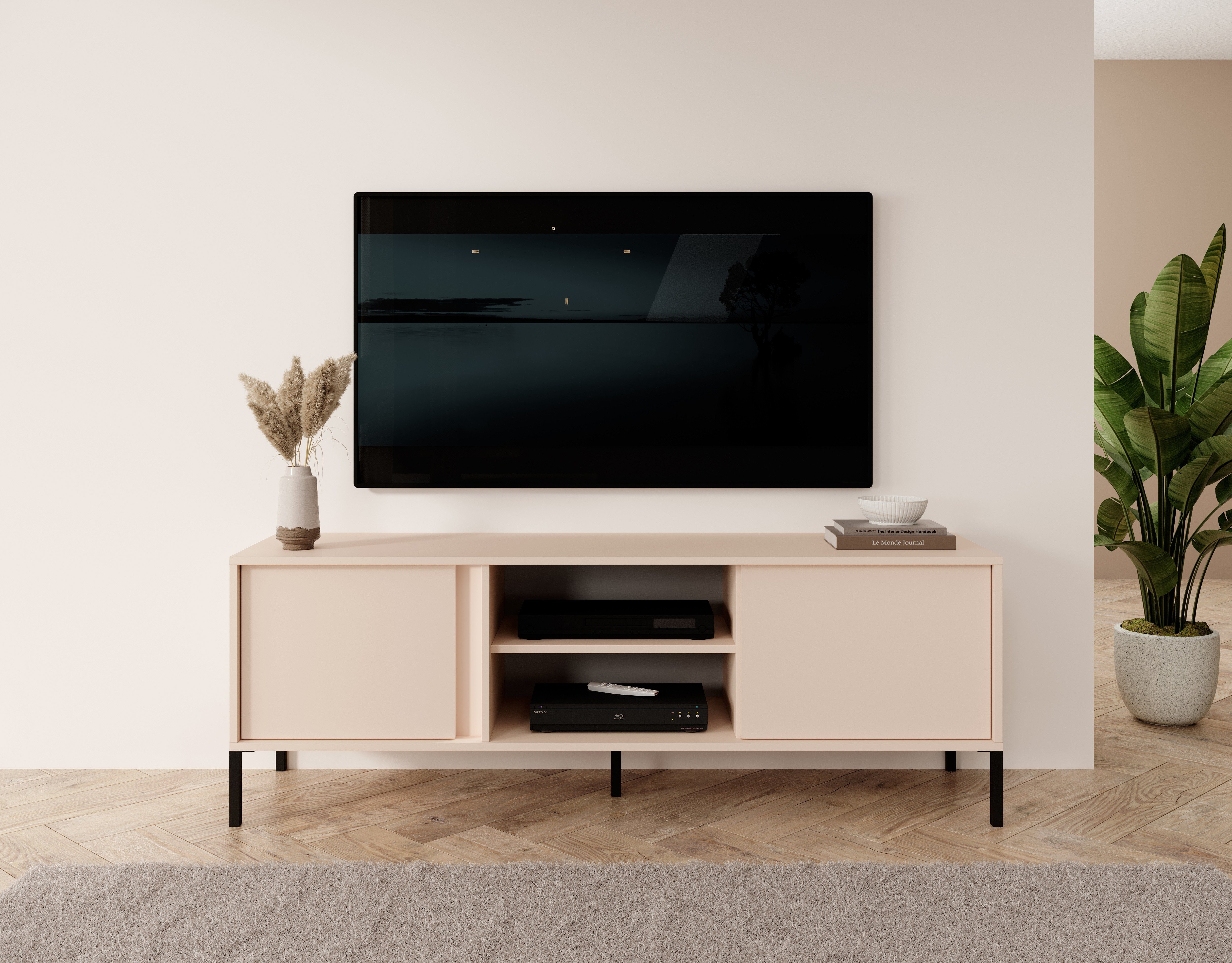 Furnix TV-Schrank DASTI 153 Fernsehschrank mit Türen und Metallfüßen Beige B153,1 x H53,4 x T39,5 cm, Made in EU
