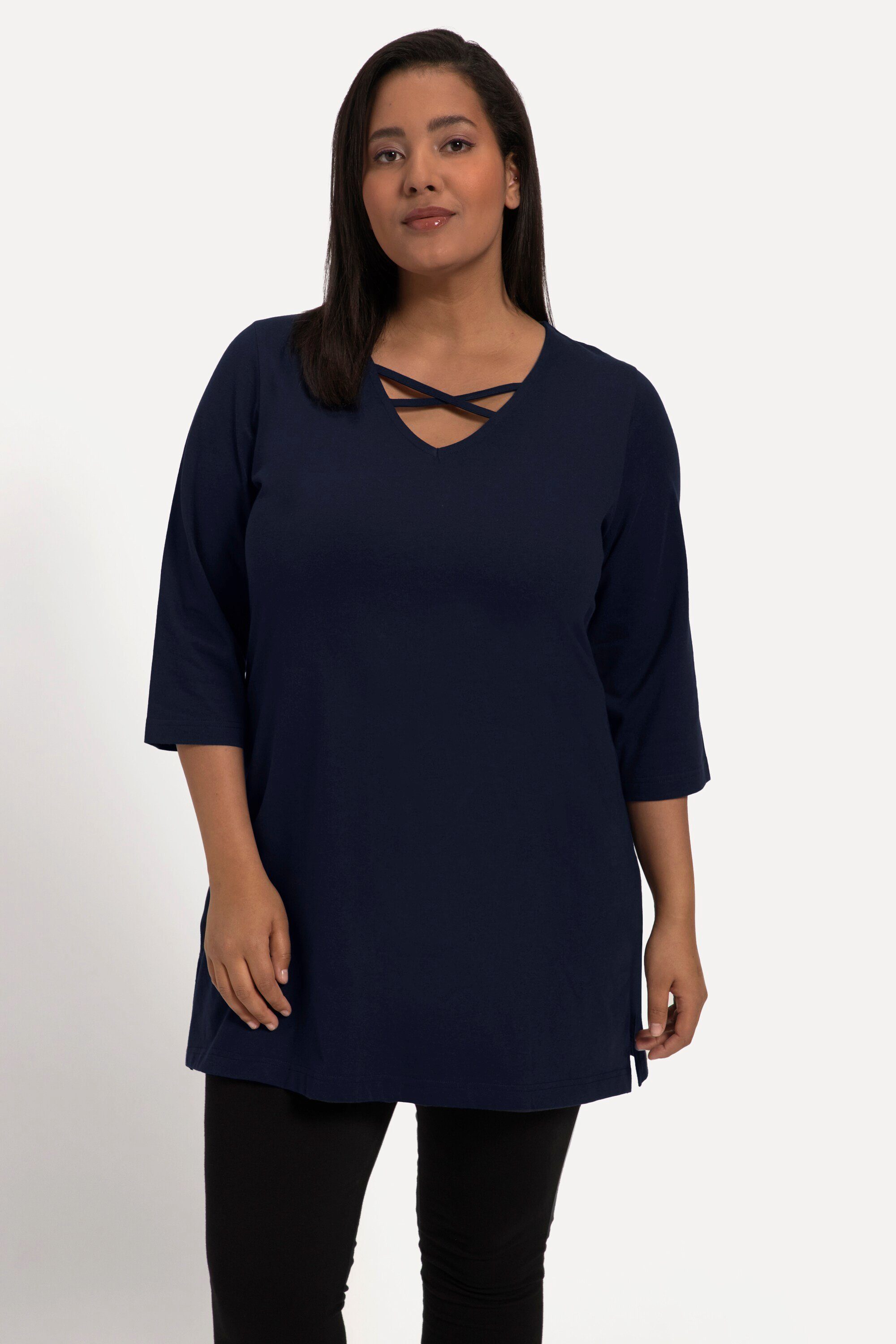 Ulla Popken Longshirt Longshirt A-Linie V-Ausschnitt mit Zierbändern navy