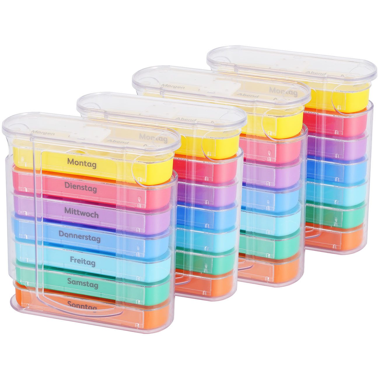 shop'n smile ideoon Pillendose Medikamentenbox 7 Tage: Bunt, 4 Fächer täglich, Pillendosierer für einfache, sichere Einnahme & Übersicht