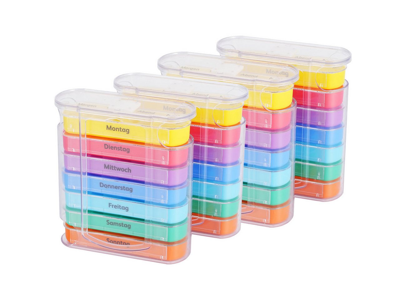shop'n smile ideoon Pillendose Medikamentenbox 7 Tage: Bunt, 4 Fächer täglich, Pillendosierer für einfache, sichere Einnahme & Übersicht
