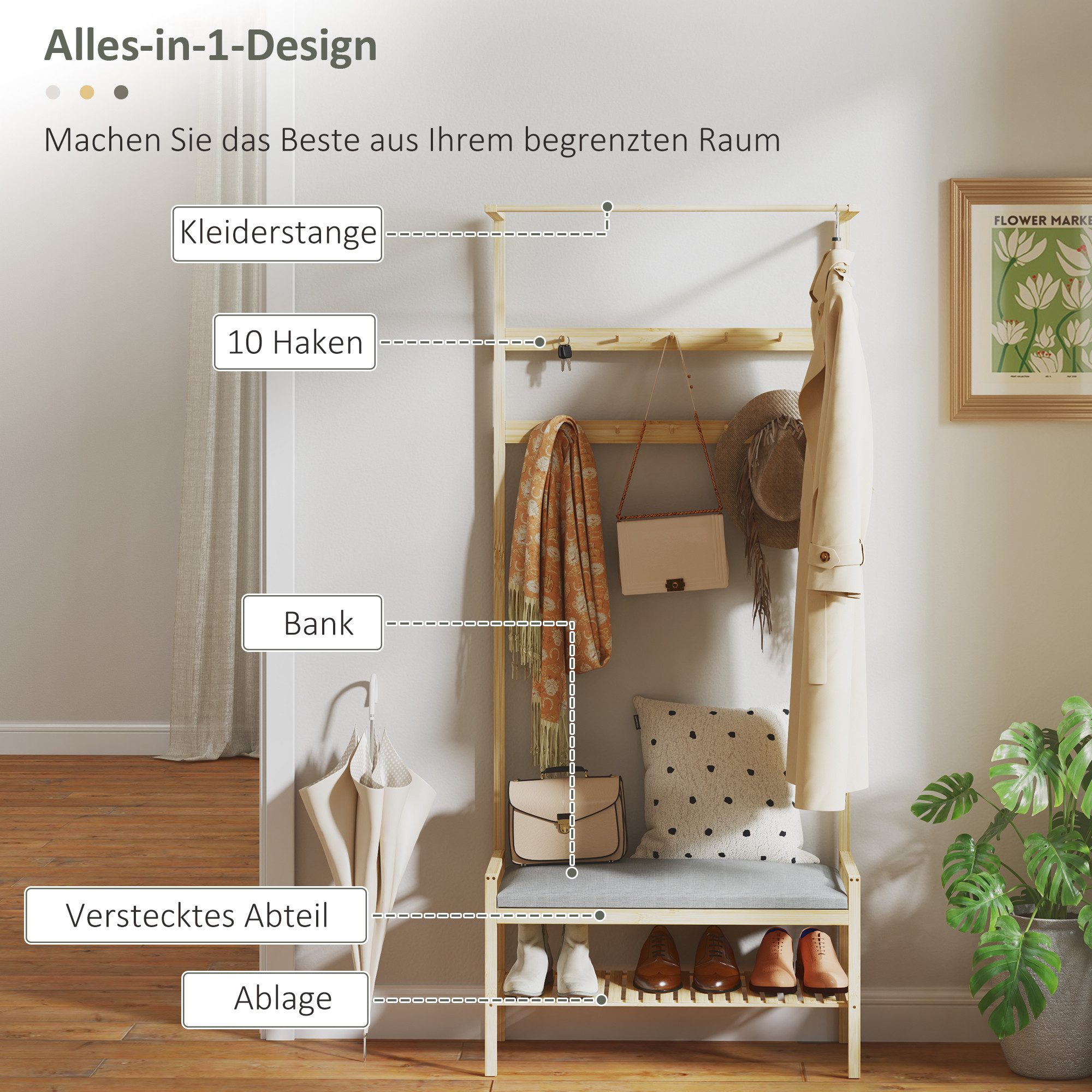 HOMCOM Garderobenständer Garderobe mit Schuhbank, Haken, Schuhregal, (Kleiderständer, 1 St., Jackenständer), für Eingangsbereich, Flur, Bambus, Natur