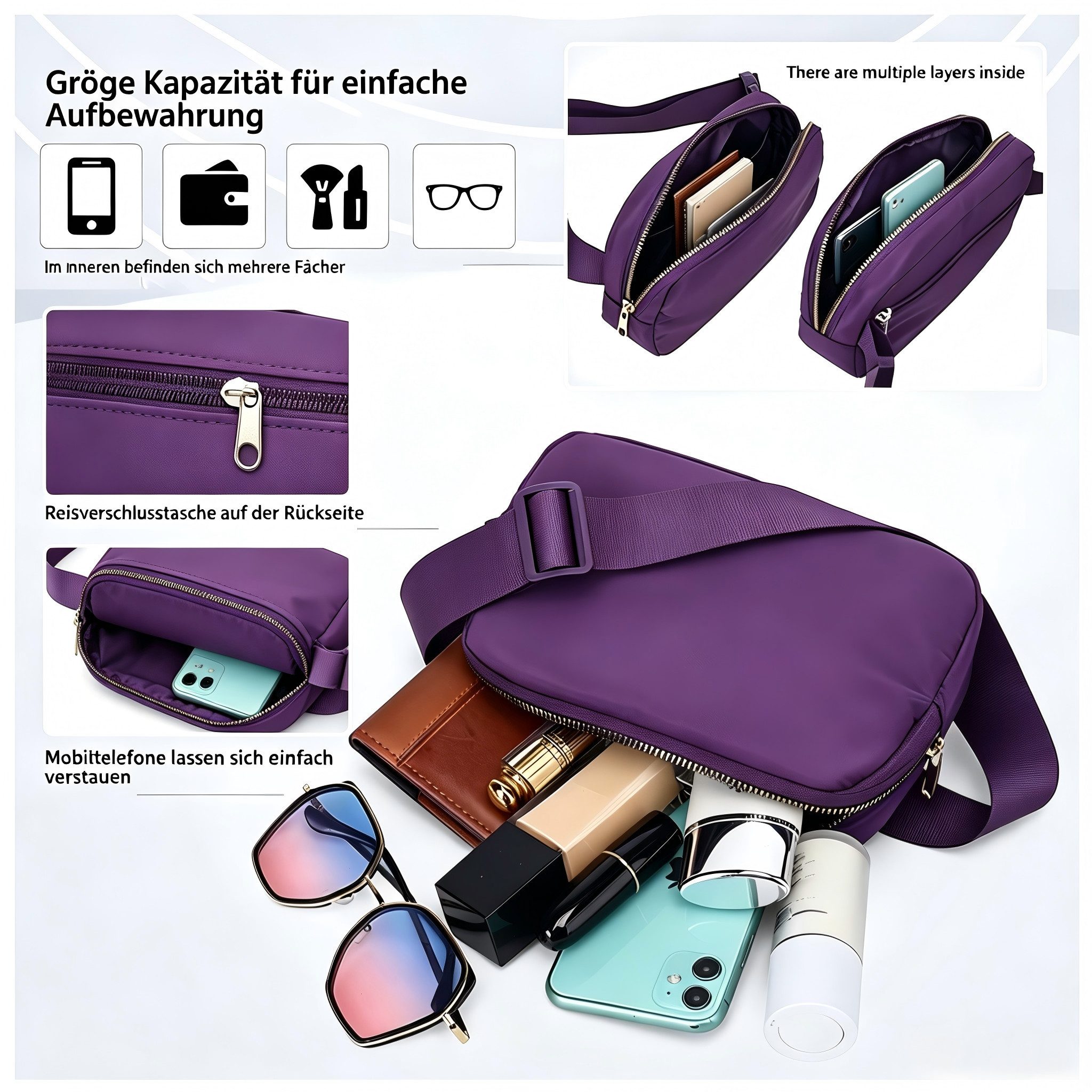 Toomoke Gürteltasche Bauchtasche Flache Damen Herren Bauchtasche,Stylische Sling Bag (Leichte Umhängetasche mit 1.5L Fassungsvermögen), Vegan, ultraflach, schweiß- und wasserfest, ultraleicht
