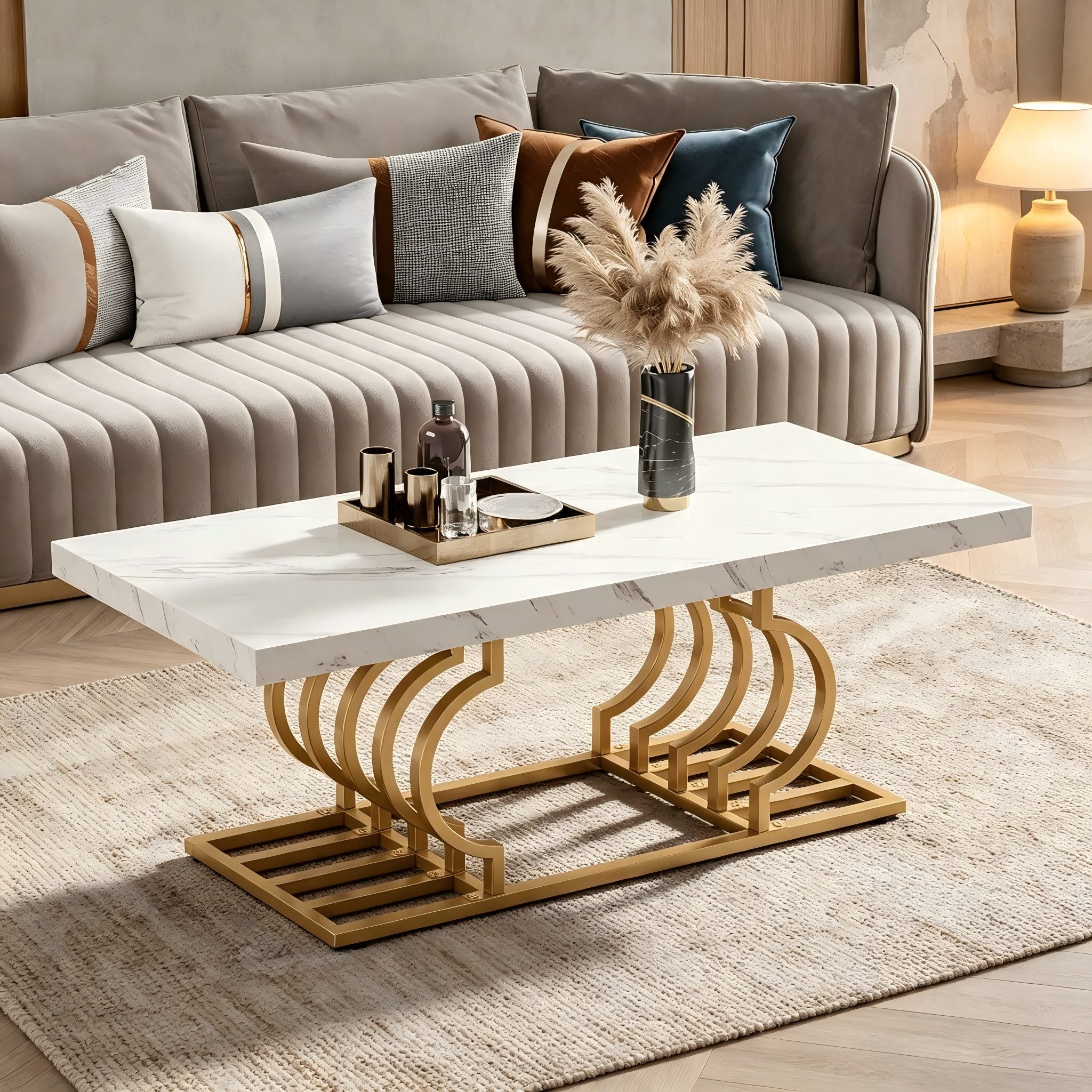 Celya Couchtisch Cocktailtisch Mit Geometrischem Gestell (Einfach zu montieren, Tischplatte in Kunstmarmor)
