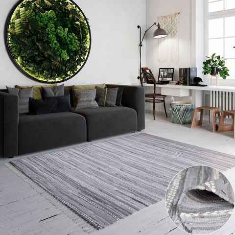 Teppich LeVivier, Home affaire, rechteckig, Höhe: 10 mm, Handweb Teppich, gestreift, 90% Baumwolle, handgewebt, mit Fransen