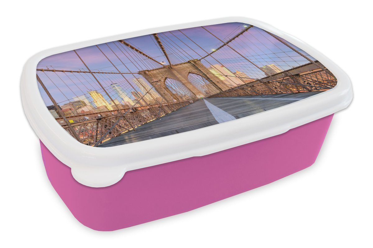 MuchoWow Lunchbox New York - Sonnenuntergang - Brooklyn Bridge, Kunststoff, (2-tlg), Brotbox für Erwachsene, Brotdose Kinder, Snackbox, Mädchen, Kunststoff rosa