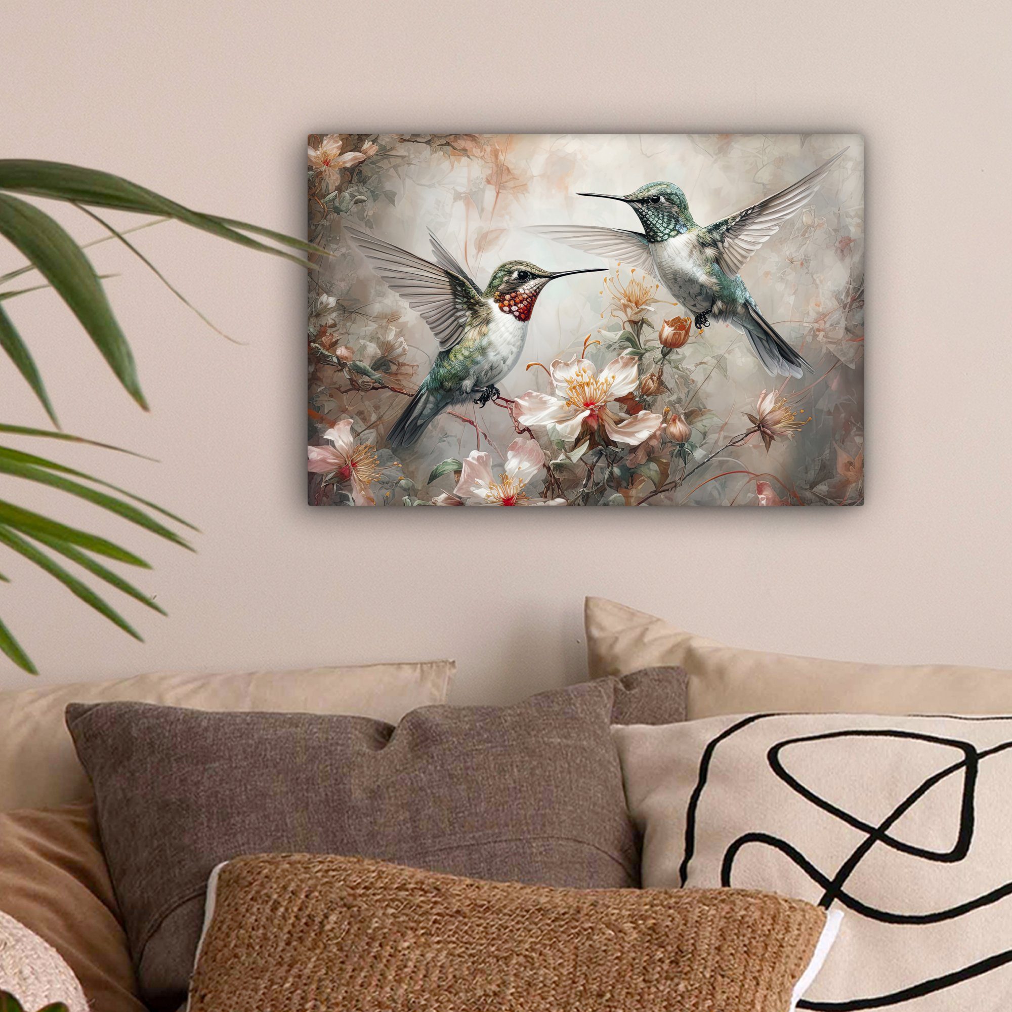 Aufhängefertig, - Blumen - Kolibri Leinwandbild cm - Wandbild Pflanzen, St), (1 Leinwandbilder, OneMillionCanvasses® Wanddeko, Vögel 30x20