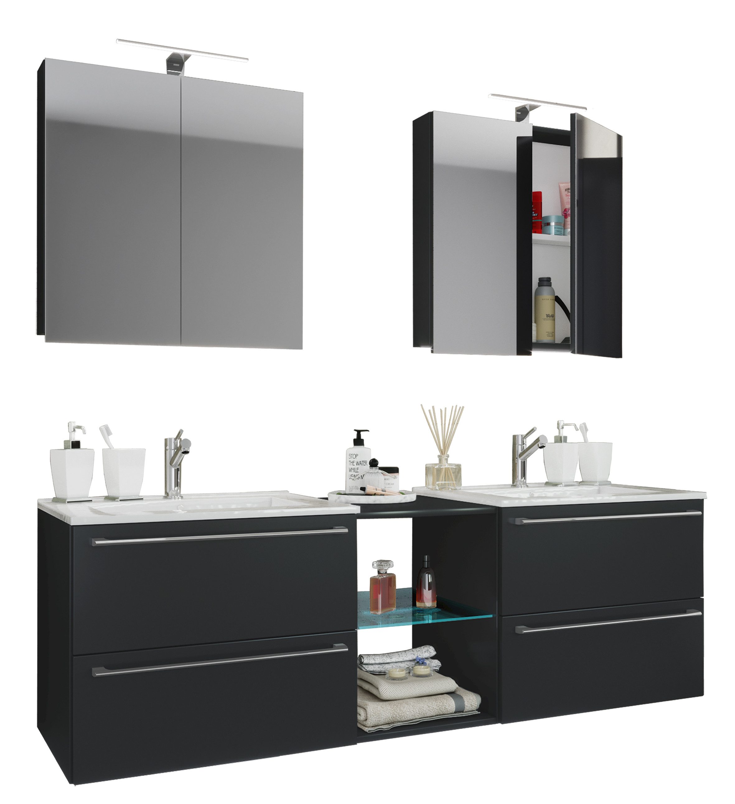 VCM Waschtisch Badinos 3er Set B. 195 x T. 46 x H. 112 cm (Set, 3-St., 2x Unterschrank 2x Waschbecken 2x Spiegel), 3-tlg. Set, 2 Spiegelschrank, 2 Waschbecken, 6 Fächer, 4 Schubladen
