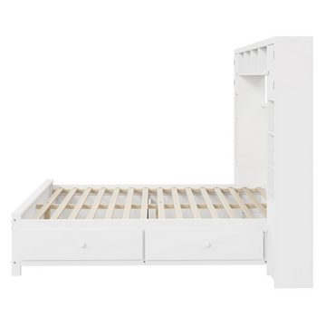 OKWISH Kinderbett Stauraumbett mit Stauraum, mit 4 Schubladen und großem Stauschrank (140x200 cm, Doppelbett aus Massivholz mit Lattenrost), ohne Matratze