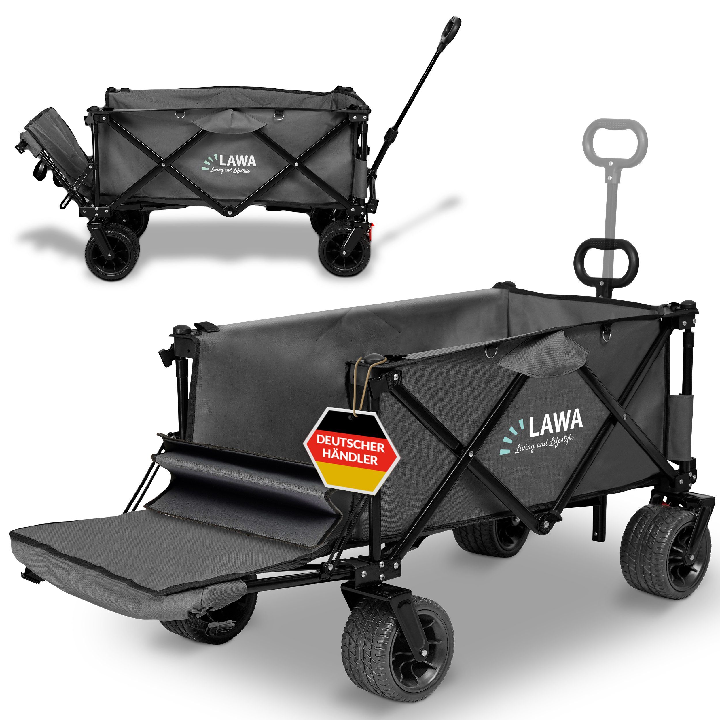 LAWA Living and Lifestyle Bollerwagen faltbar Handwagen klappbar Transportwagen 100kg mit Bremse 120cm lang (12,4kg leicht, sehr kleines Packmaß), Heckklappe, verlängerbar, Grau