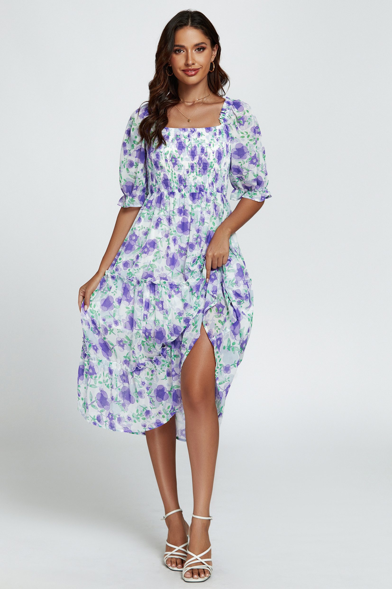 FS Collection Sommerkleid Damen Sommerkleid Smockkleid Midikleid Bardot Puffärmel Geblümt (S (EU:36 / UK:8) M (EU:38 / UK:10) L (EU:40 / UK:12) XL (EU:42 / UK:14) Gesmoktes Oberteil, Bardot-Design, Puffärmel, Stufenrock, Blumenmuster