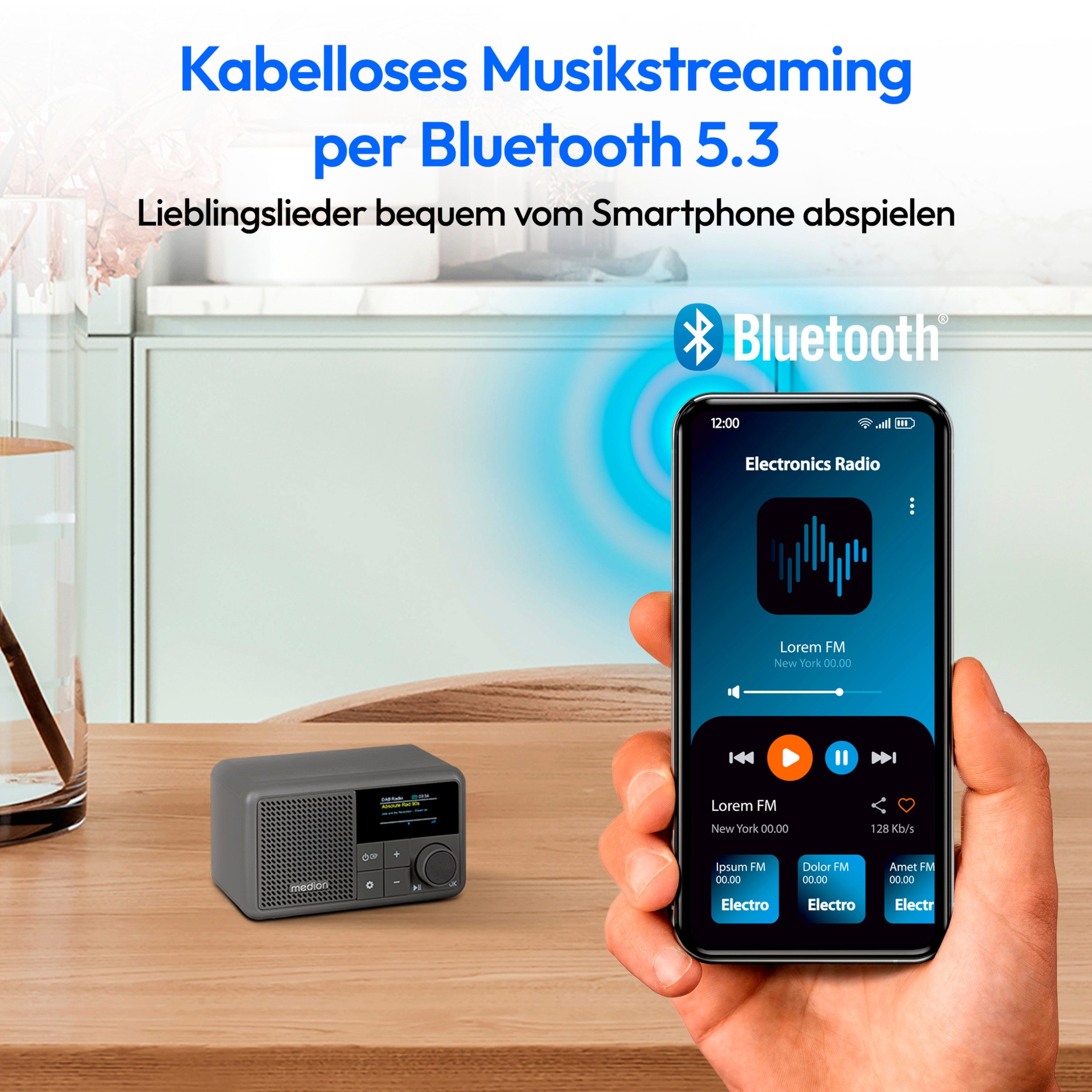Medion® Tragbares DAB+ Radio MEDION® LIFE® S66822 (MD44822) Radio (MW/UKW, AM/FM, DAB+, RDS, 2 W, ca. 6,5 Akkulaufzeit, Farb-TFT-Display, Bluetooth® 5.3, IPX1-Schutz)