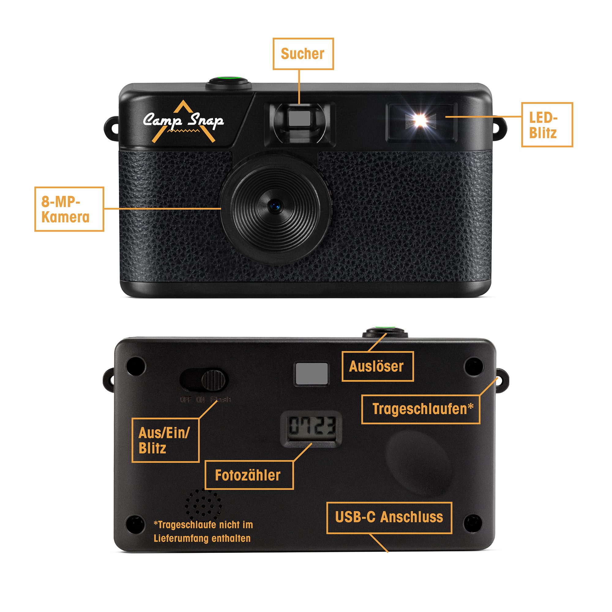 Camp Snap CS-V105 Retro-Digitalkamera im Vintage-Look, ohne Display, Kompaktkamera (8 MP, inkl. Kamera inkl. USB-C-Kabel, Bedienungsanleitung, Verpackung, 8 MP, USB-C, SD-Slot, mit Vintage-Fotoeffekten)