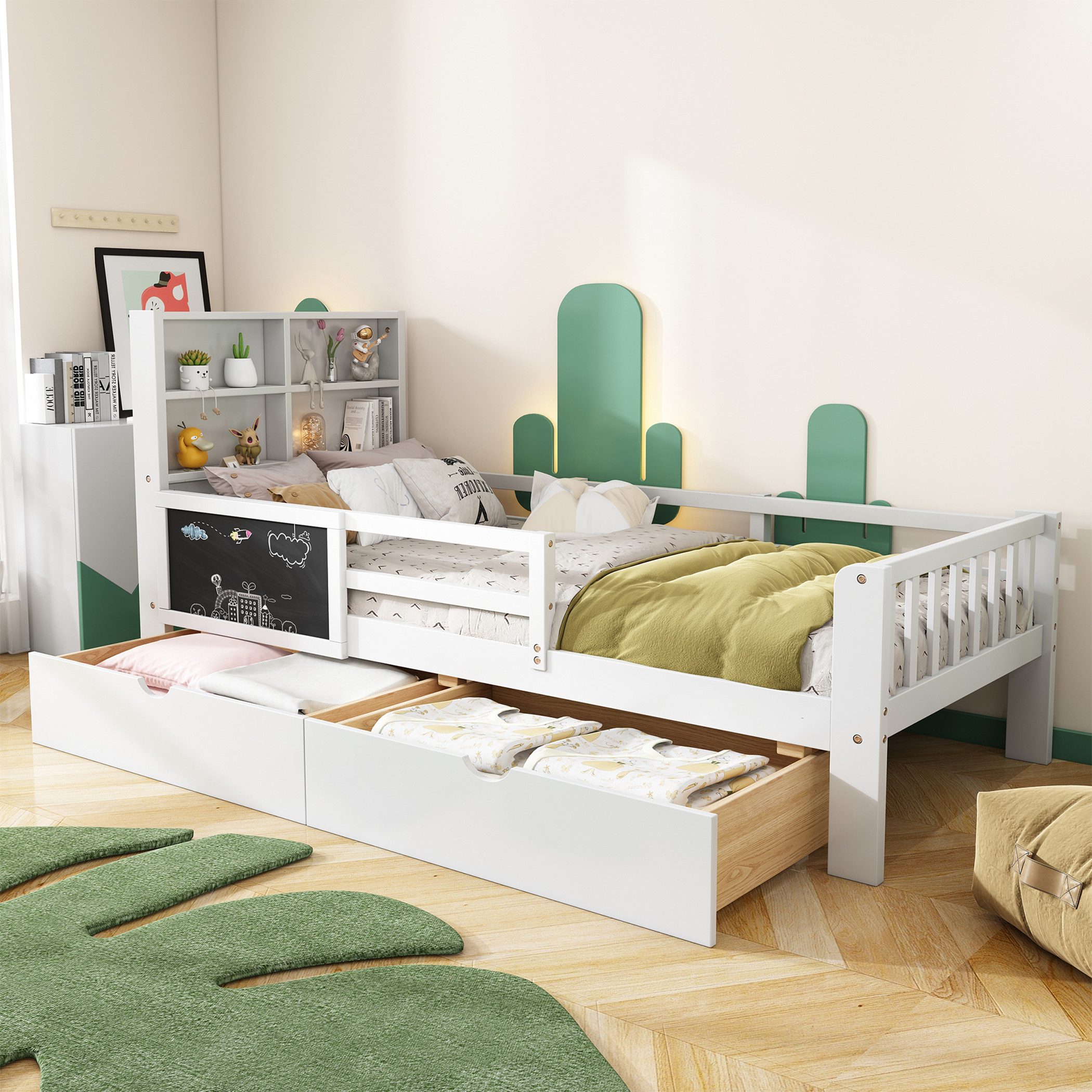 KLAM HOME Kinderbett FSC-zertifiziertem Holz und ungiftiger Farbe 90*200  (ohne Matratze), Heimbett mit Mehrfunktionen Schubladen und Tafel für Jungen Mädchen