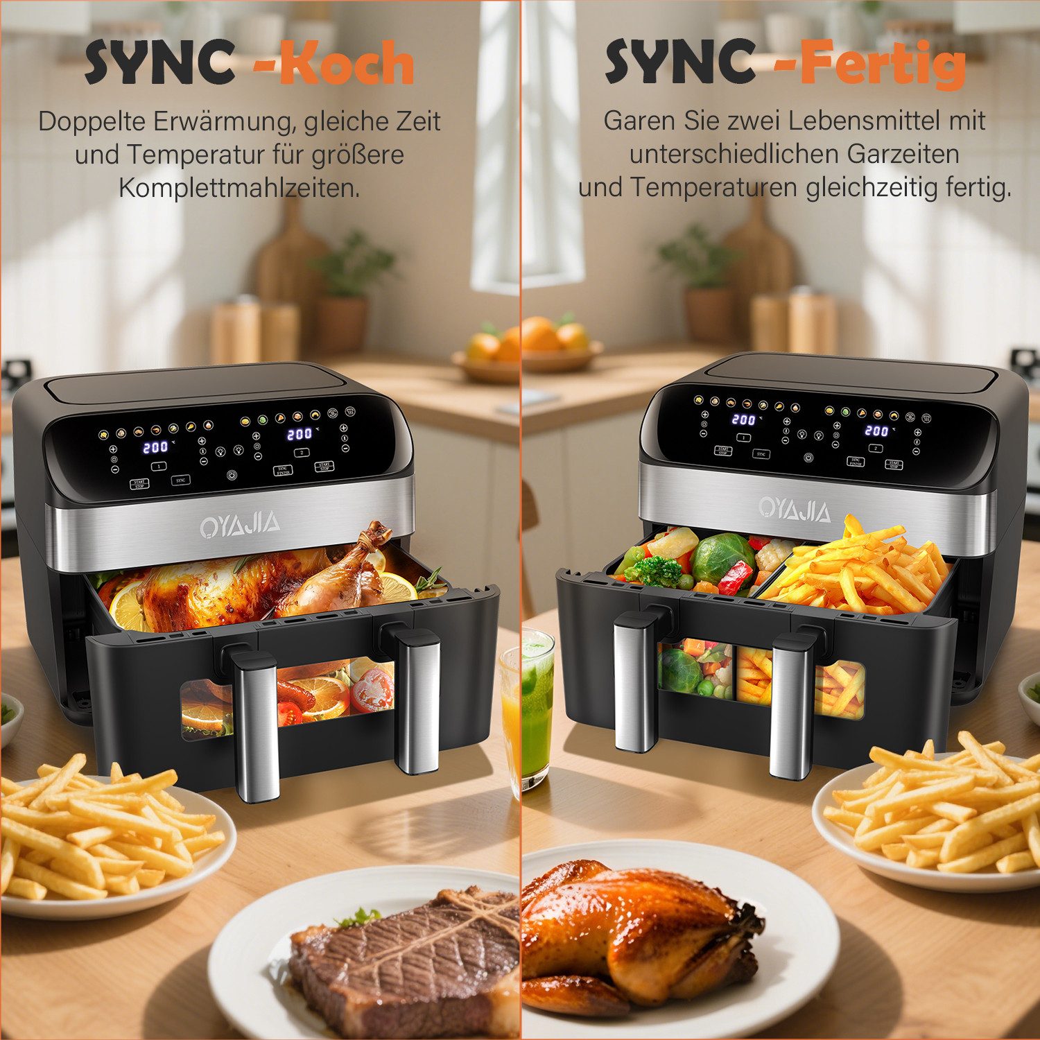 oyajia Heißluftfritteuse Airfryer GSE041T Flexible Basket mit Sichtfenster & Sync-Funktion, zwei Körbe mit 10L, 2600,00 W, 12 Kochfunktionen, Auftauen, Erwärmen – Bild 4 von 5