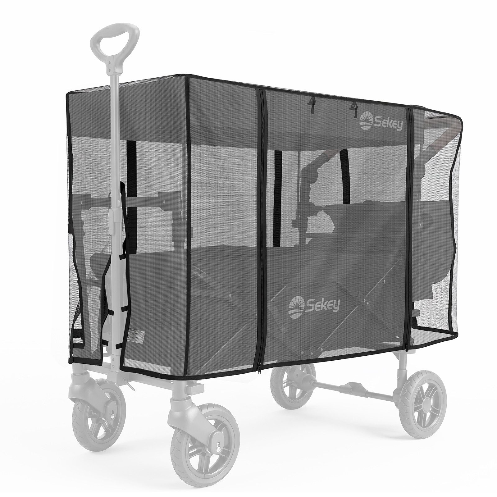 Sekey Kinderwagen-Insektenschutz Fliegengitter Moskitoschutz für Bollerwagen Faltbar mit Dach, Schwarz, Fliegenvorhang mit vier Reißverschlüssen, 110 x 60 x 75 cm