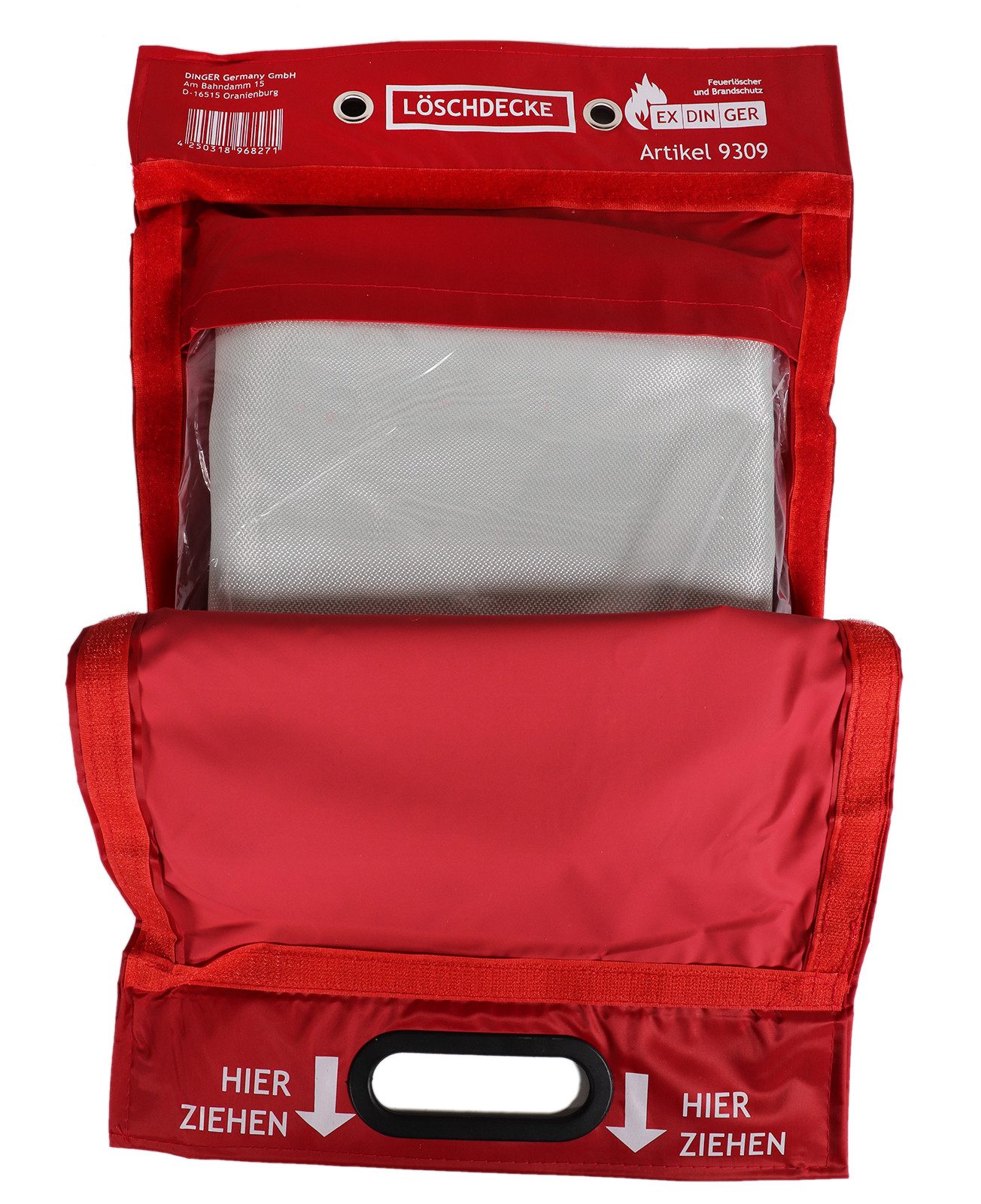 EXDINGER Löschdecke 1,60 x 1,80 m in Tasche zum Aufhängen mit Grifftaschen, (Packung), durch Klettverschluss schnell entnehmbar, praktische Grifftaschen