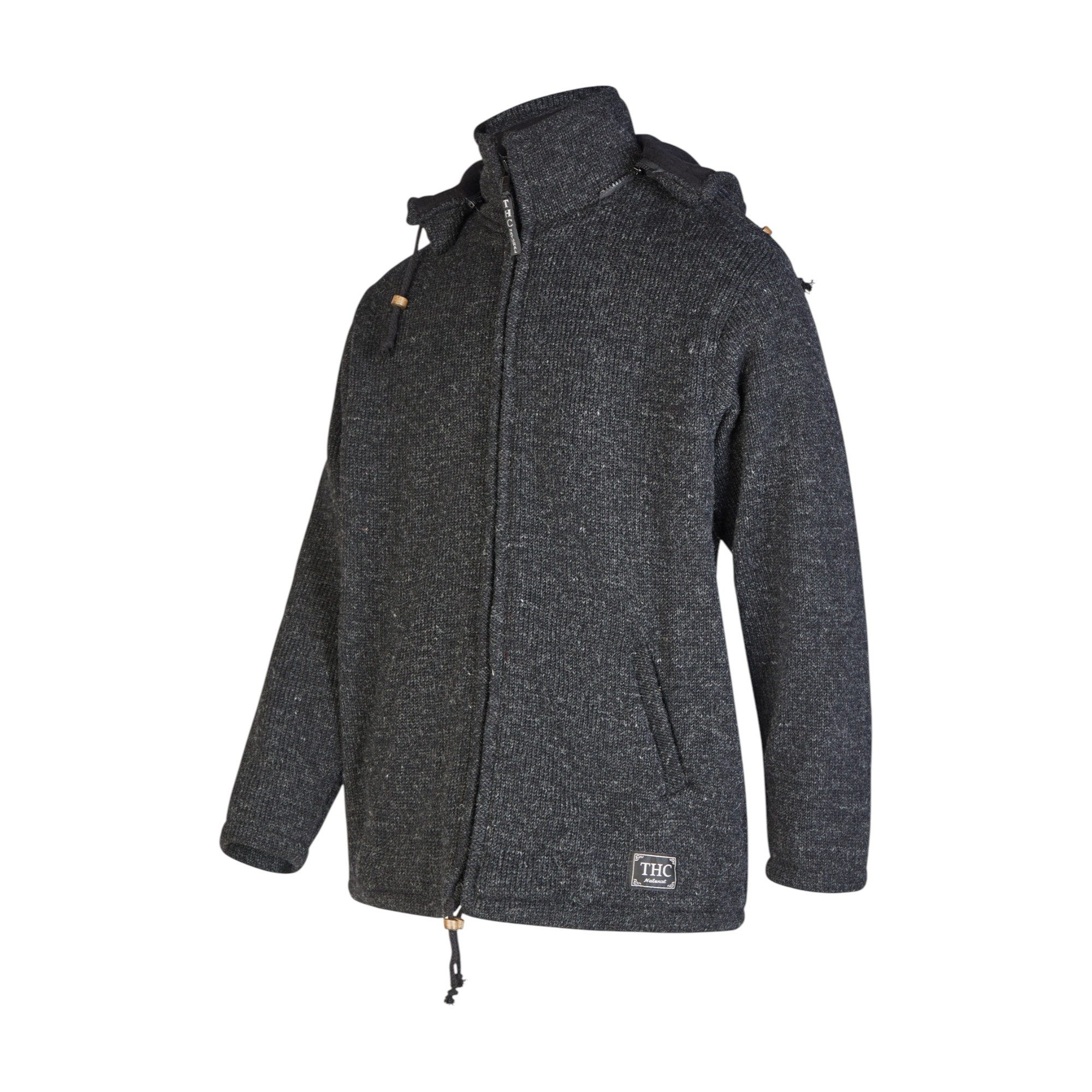 THC Natural Line Strickjacke THC Schafwollstrickjacke Baumwollfutter 859 schwarz (1 Stück, 1-tlg., 1 Stück) Strickjacke mit abnehmbarer Kapuze