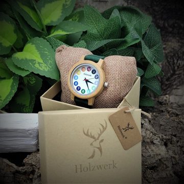 Holzwerk Quarzuhr RAINBOW GREEN bunte kleine Kinder Leder & Holz Armband Uhr, grün