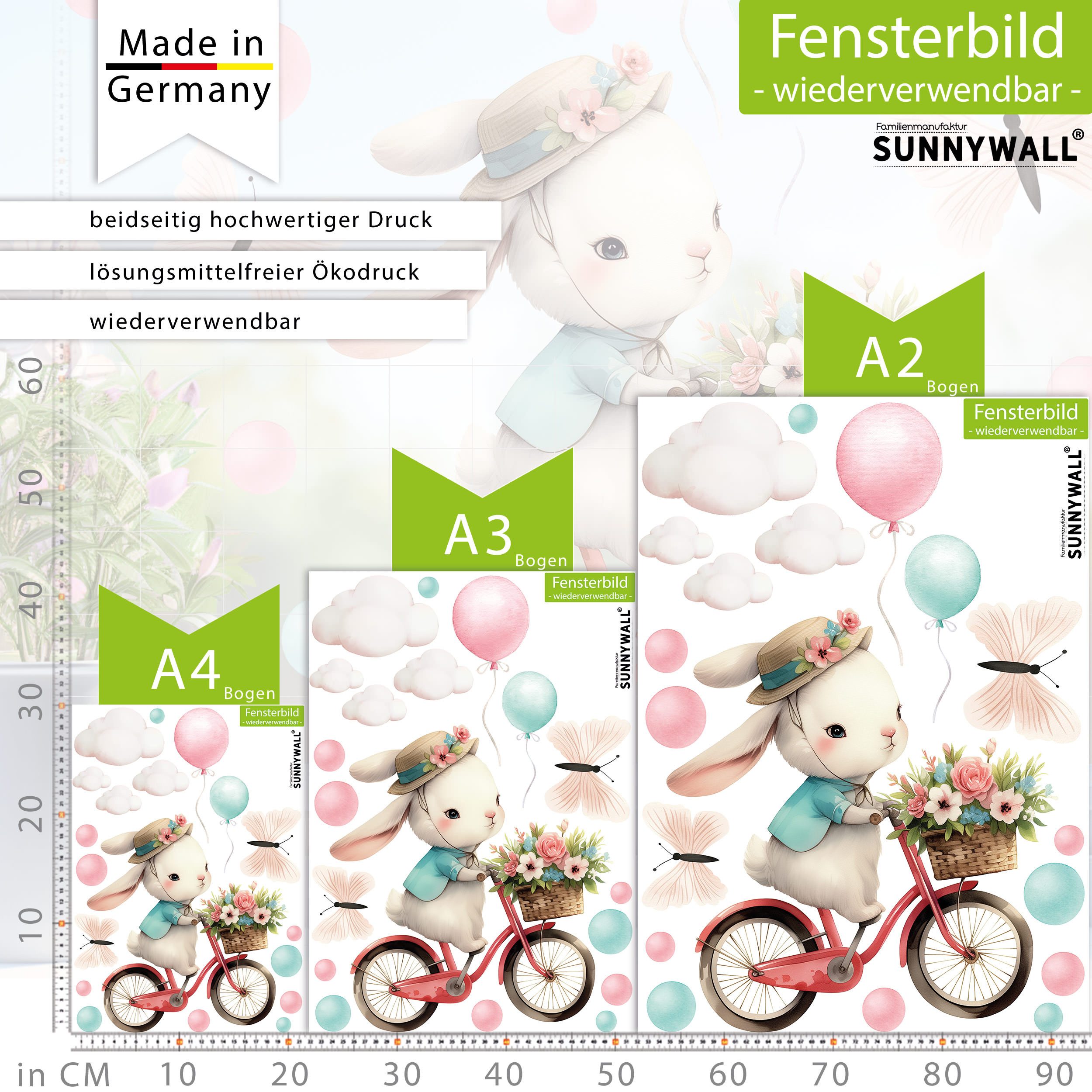 Sunnywall Fensterdekoration wiederverwendbares Fensterbild Hase auf Fahrrad Ballon Schmetterling, wiederverwendbar, statisch haftend, beidseitiger Druck – Bild 4 von 5