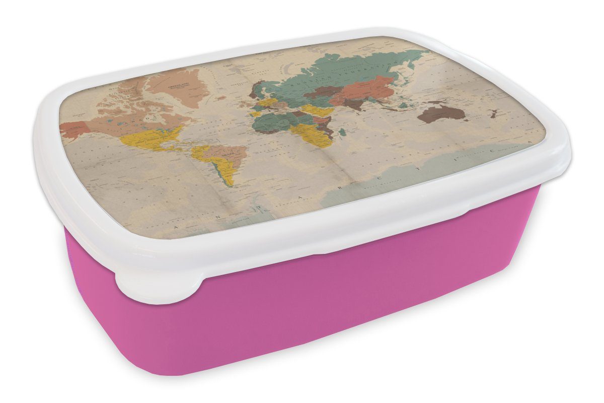 MuchoWow Lunchbox Weltkarte - Vintage - Atlas - Kind - Kind - Mädchen, Kunststoff, (2-tlg), Brotbox für Erwachsene, Brotdose Kinder, Snackbox, Mädchen, Kunststoff rosa