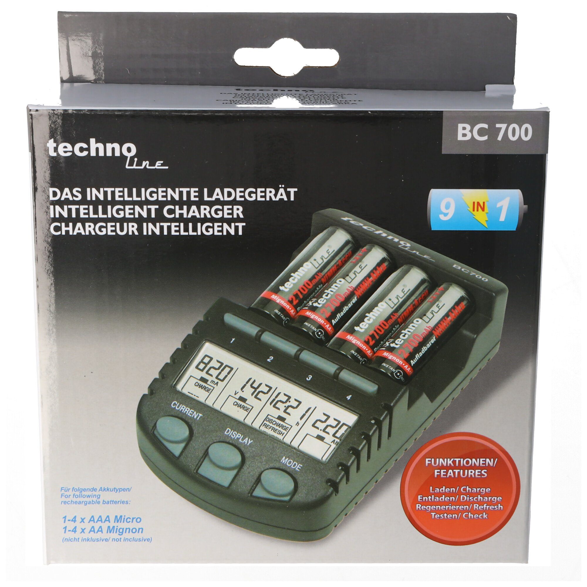 technoline BC-700 Schnell-Ladegerät mit LCD-Display und Entladefunktion Akku-Ladestation