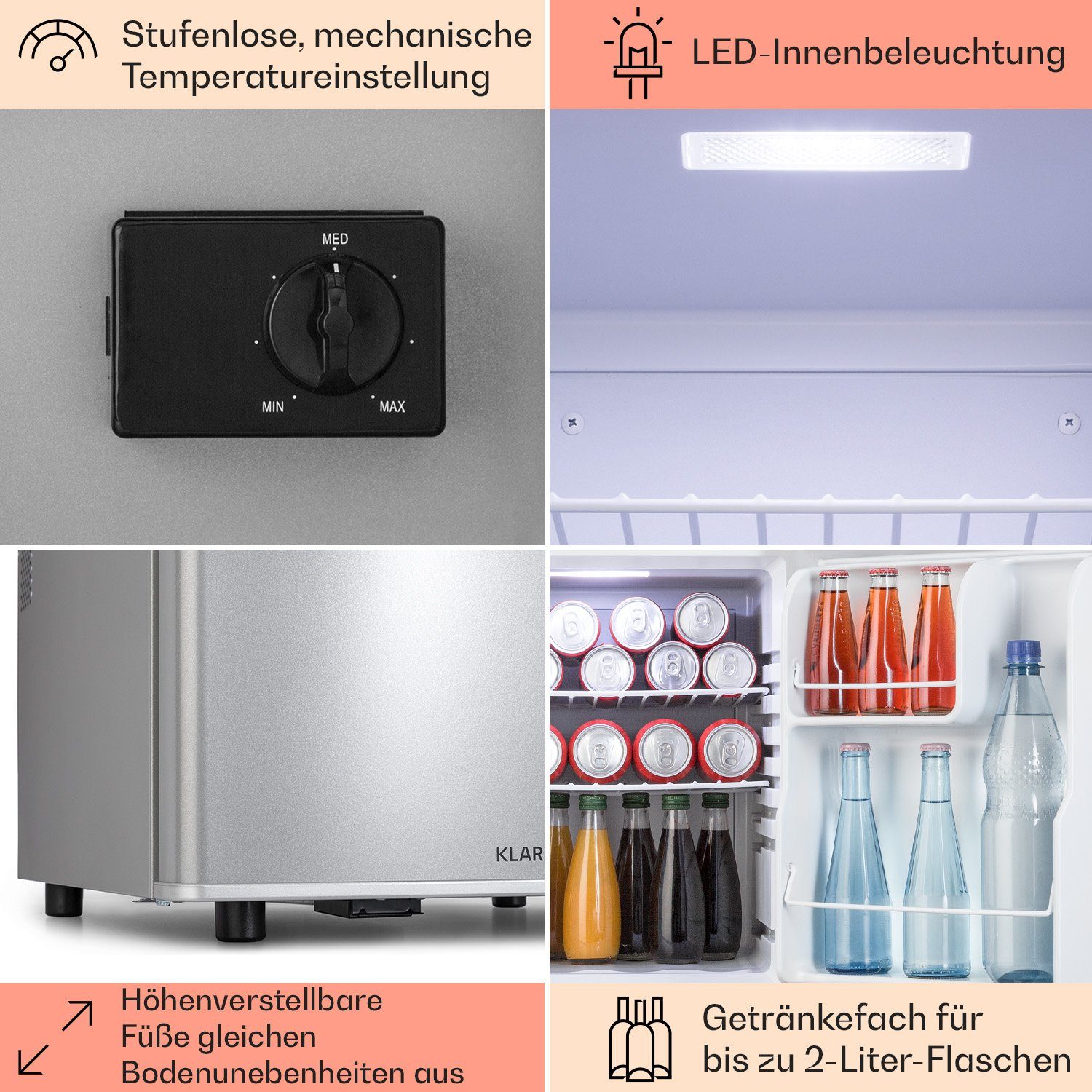 Klarstein Table Top Kühlschrank 52 breit Silber cm 10045049, hoch, cm 43 HEA3-HappyH-48l-SL