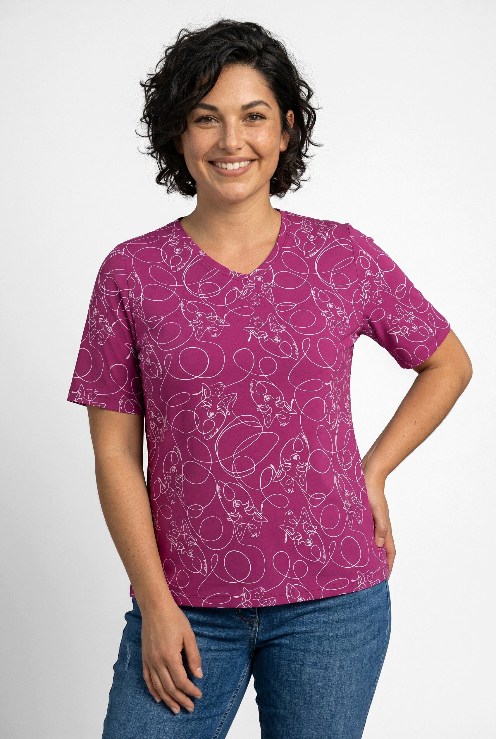 Ulla Popken T-Shirt T-Shirt Tiere Classic V-Ausschnitt Halbarm