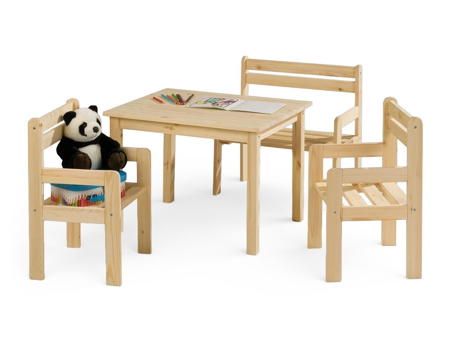 Home4You Kindersitzgruppe 4-teilig, Kiefer, Braun, 1 Tisch, 1 Bank mit Armlehnen, 2 Stühle mit Armlehnen