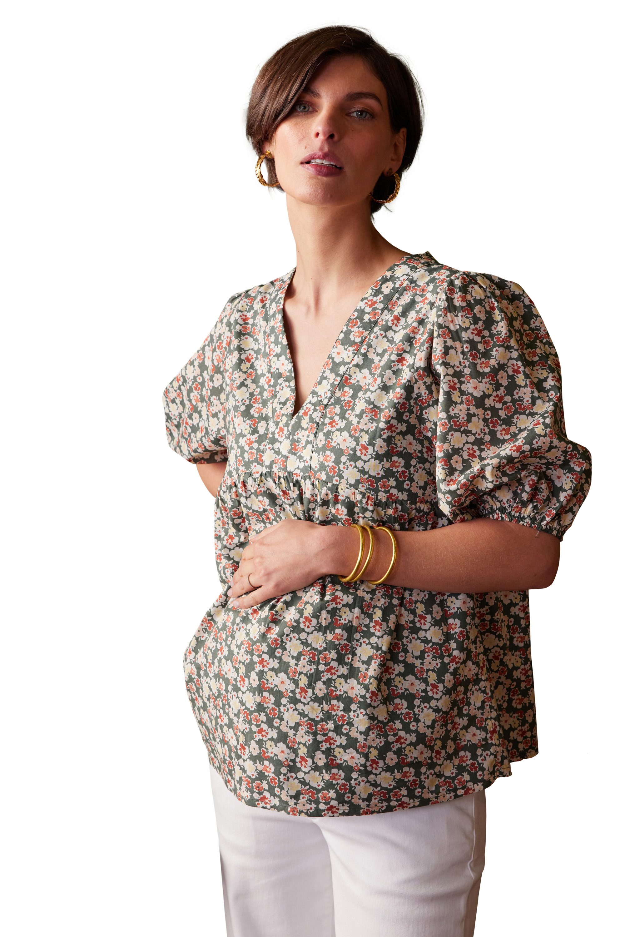 Envie de Fraise Umstandsbluse Umstandsbluse aus Voile V-Ausschnitt, Blumenmuster, Ballonärmel