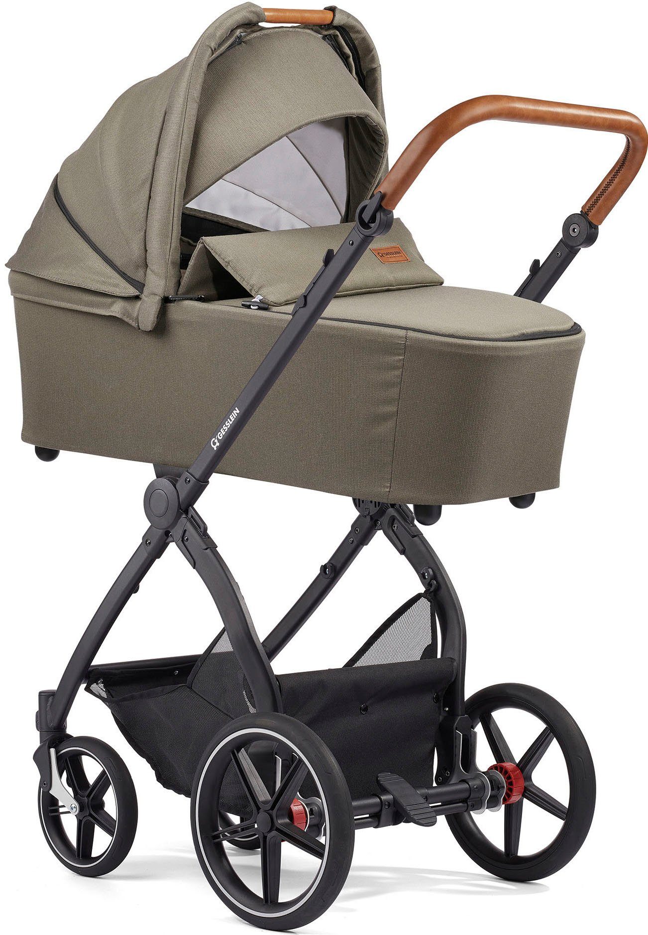 Gesslein Kombi-Kinderwagen Babyschalenadapter Babywanne FX4 mit Aufsatz und Soft+ Classic C3 khaki, mit schwarz/tabak