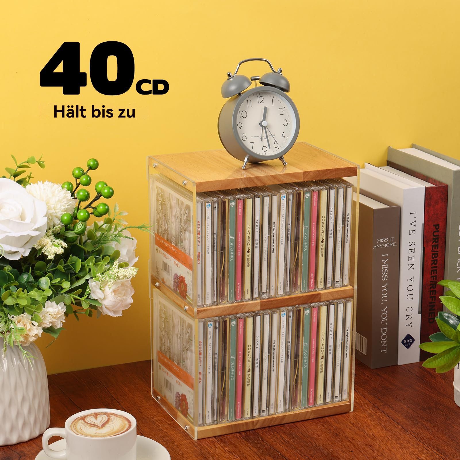 BlingBin CD-Regal 2-stufiger CD-Halter aus Holz und Acryl, Schallplatten Aufbewahrung, Schallplatten Aufbewahrung 1-tlg., Schreibtisch-Organizer für CDs, DVDs und Schallplatten, bis zu 40 CDs