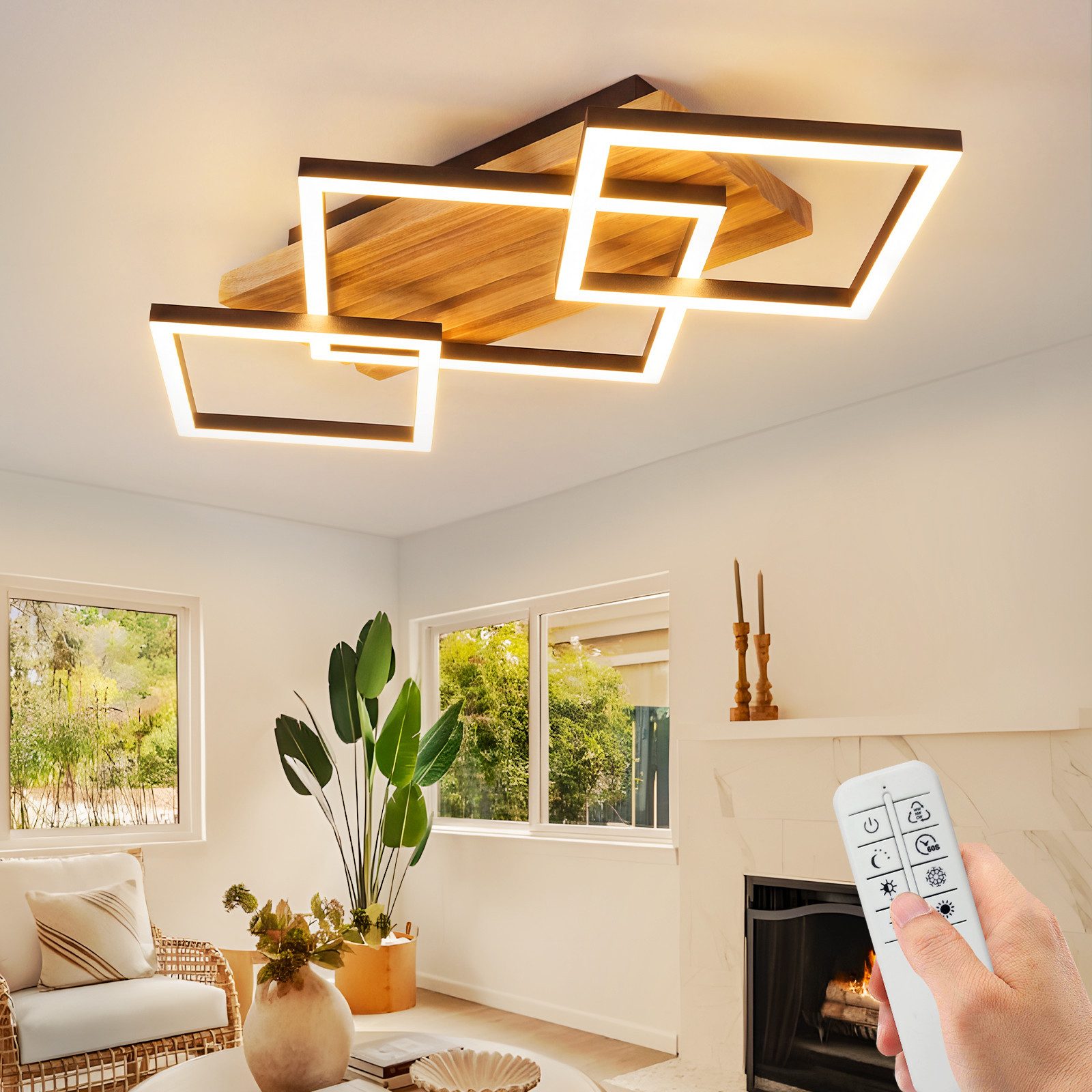 Nettlife LED Deckenleuchte Holz 3eckig dimmbare Fernbedienung Schwarz moderne Deckenlampe, LED fest integriert, für Schlafzimmer Küche Flur Büro 31W 57CM