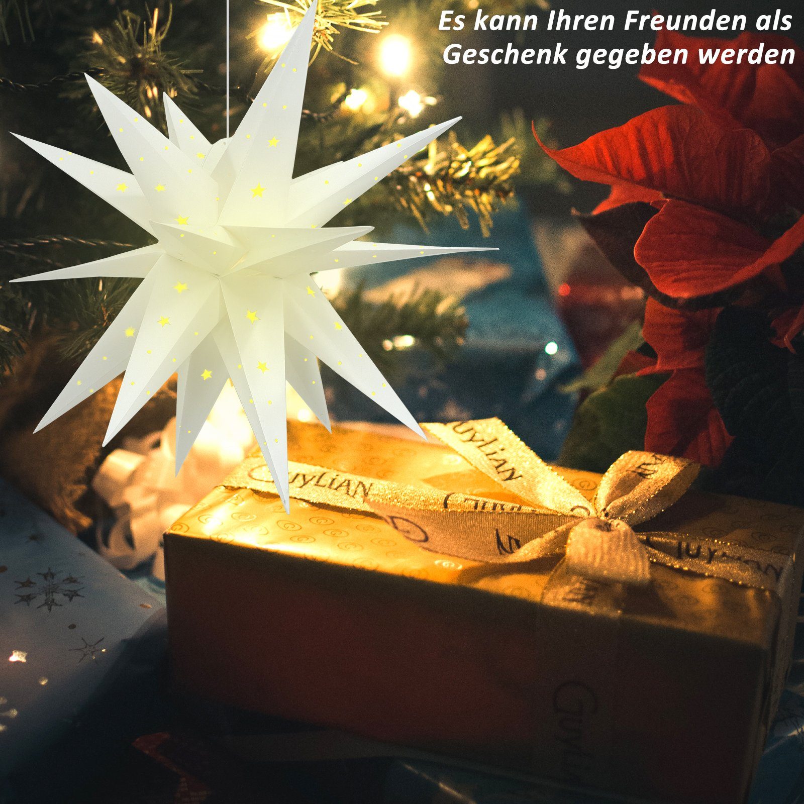 Leuchtstern, Außen Weihnachtsbaum, for Und Stern Innenhof, Batterie, Christbaumspitze Weiss CALIYO Garten Beleuchtet Led Weihnachtsstern 3D 58CM ​Dekorieren Balkon