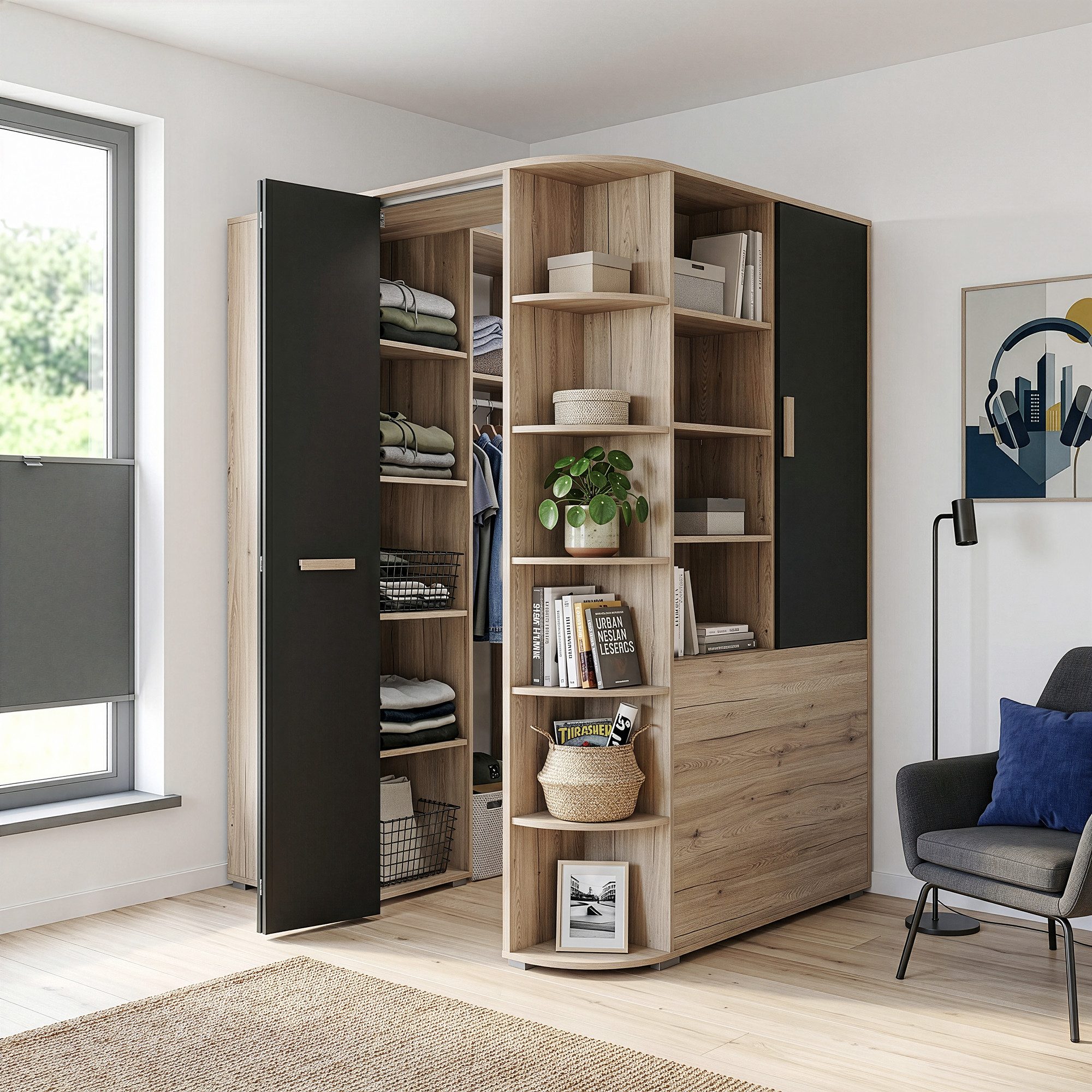 Lomadox Kleiderschrank CANTON-43 Eiche Nb. mit graphit, gespiegelt aufbaubar