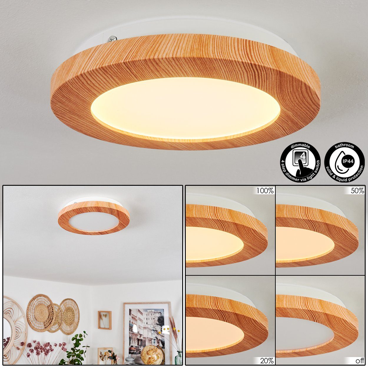 hofstein Deckenleuchte dimmbare Deckenleuchte aus Metall/Kunststoff in  Holzoptik/Braun/Weiß, LED wechselbar, 3000 Kelvin, (17cm), dimmbar über  Lichtschalter, max. 1000 Lumen, LED 9 Watt IP44