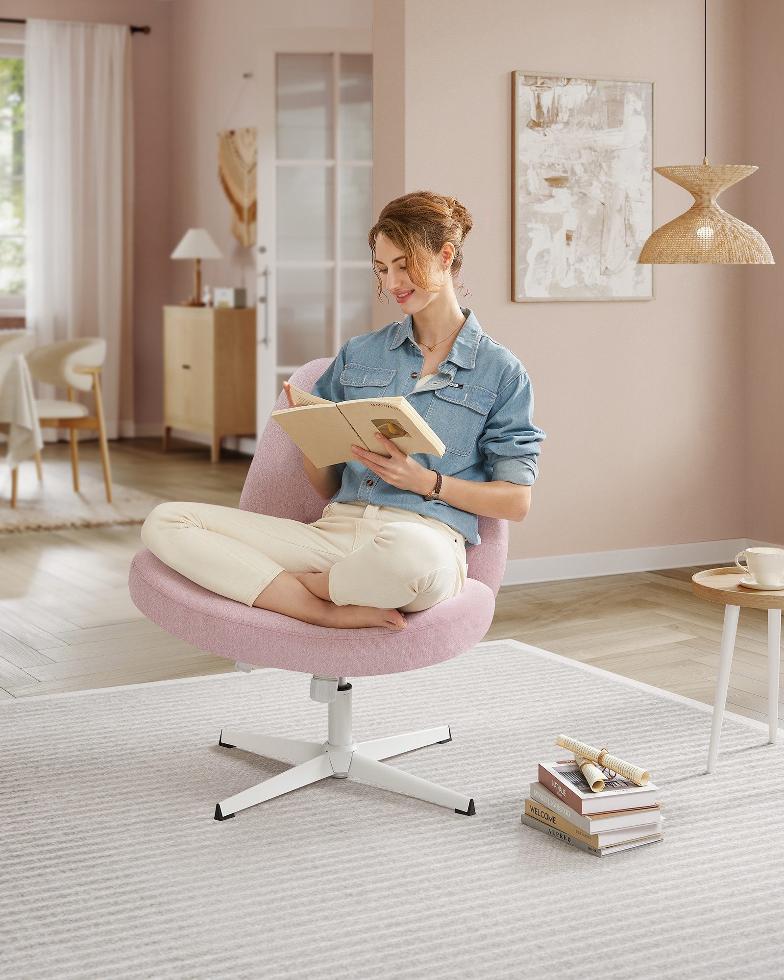 SONGMICS HOME Sessel Schneidersitz Stuhl, Schminkstuhl, Drehstuhl, 72 x 72 x (75-83) cm, ohne Armlehnen, Kreuzfuß, höhenverstellbar, Wippfunktion, pastellrosa