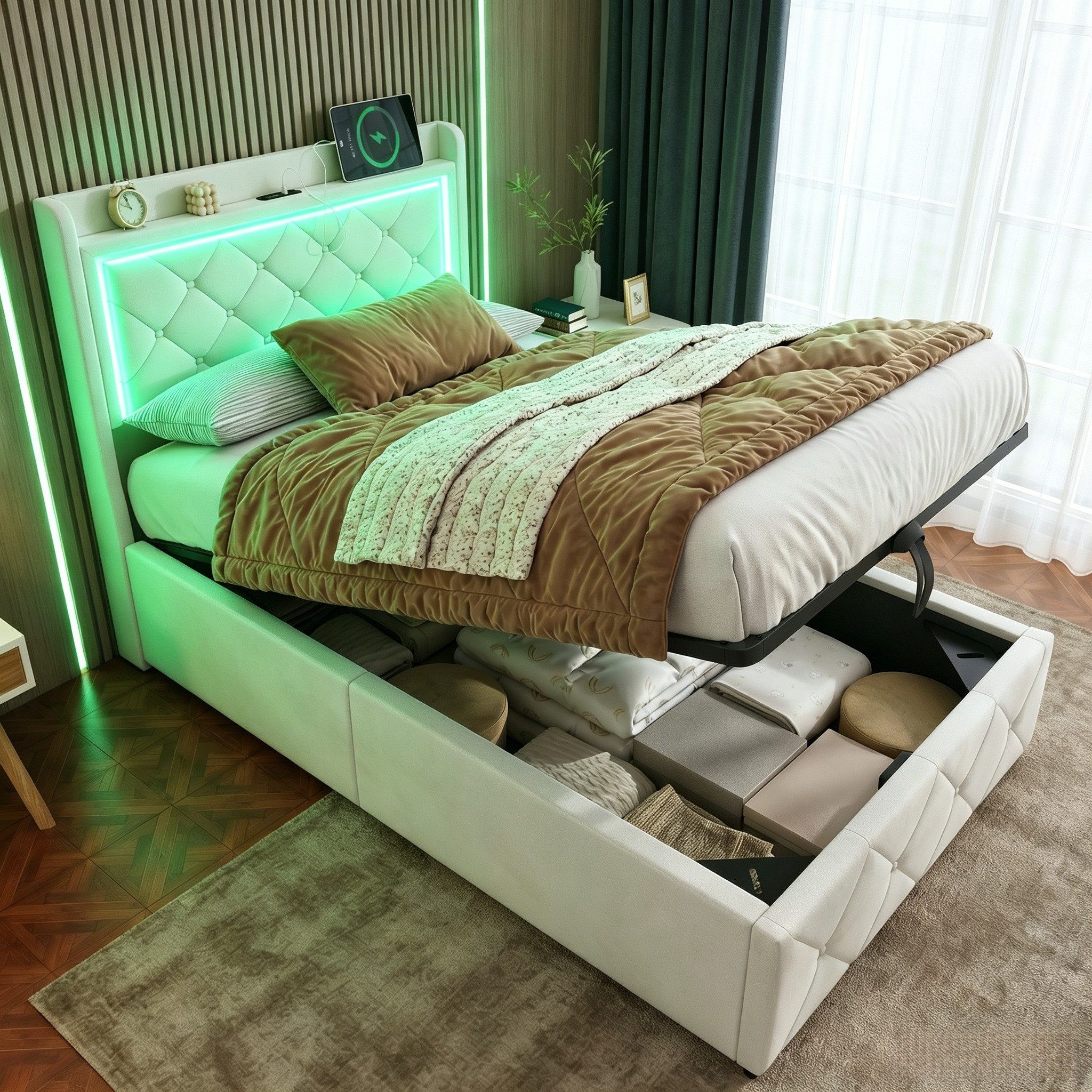 Gdood Polsterbett Doppelbett mit LED Licht 90x200cm,Hydraulisch anhebbarer Stauraumbett (1-tlg., Mit Lattenrost und Ladefunktion, Samtmaterial Polsterbett), Modernes Jugendbett, Leises Design Bett, Max. Belastbarkeit 350 kg