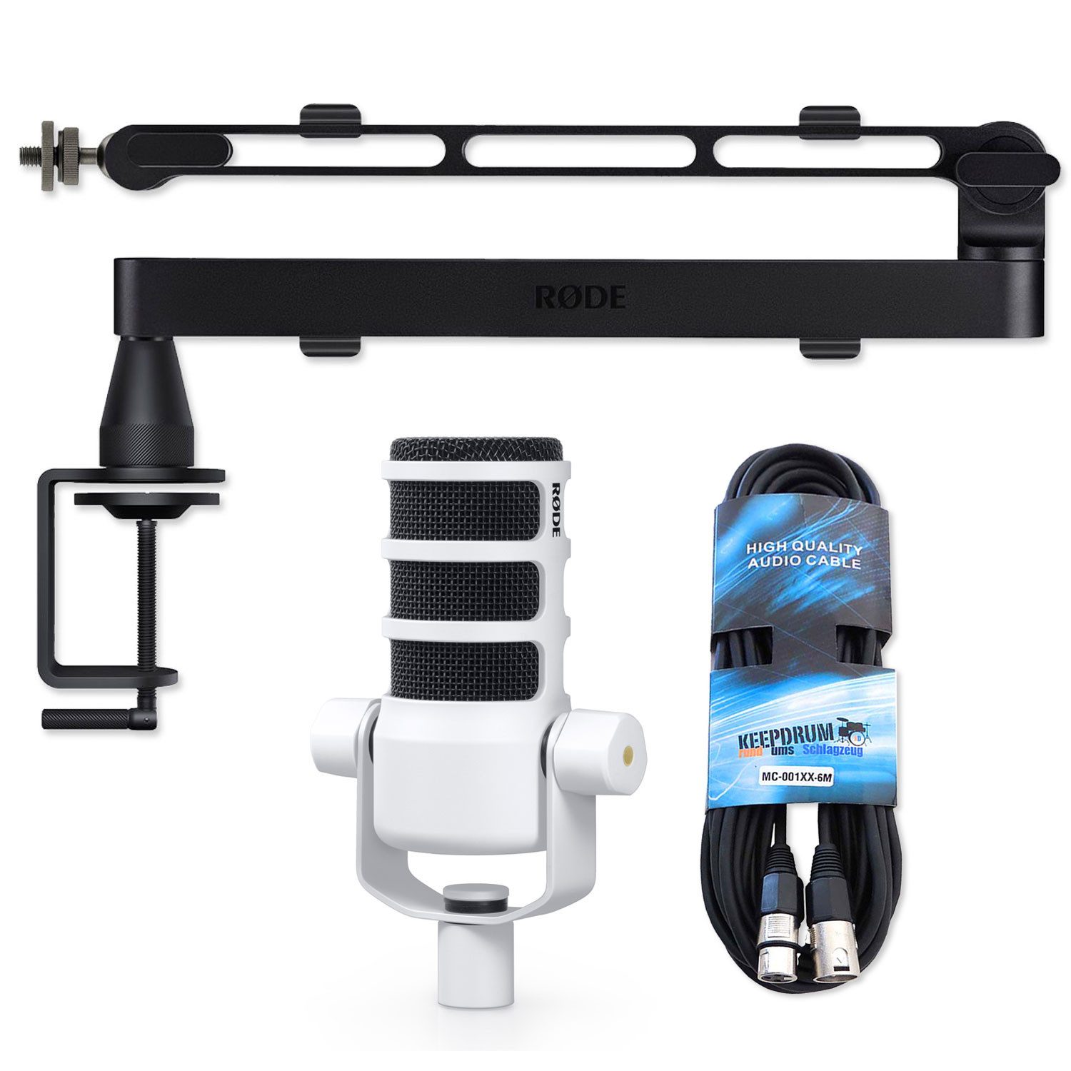 RØDE Mikrofon Rode Mikrofon Podmic Weiss mit Mikrofonarm LPA1 und Kabel (Vorteils-Set mit Mikrofonarm LPA1 und Kabel, 1-tlg), Mikrofon