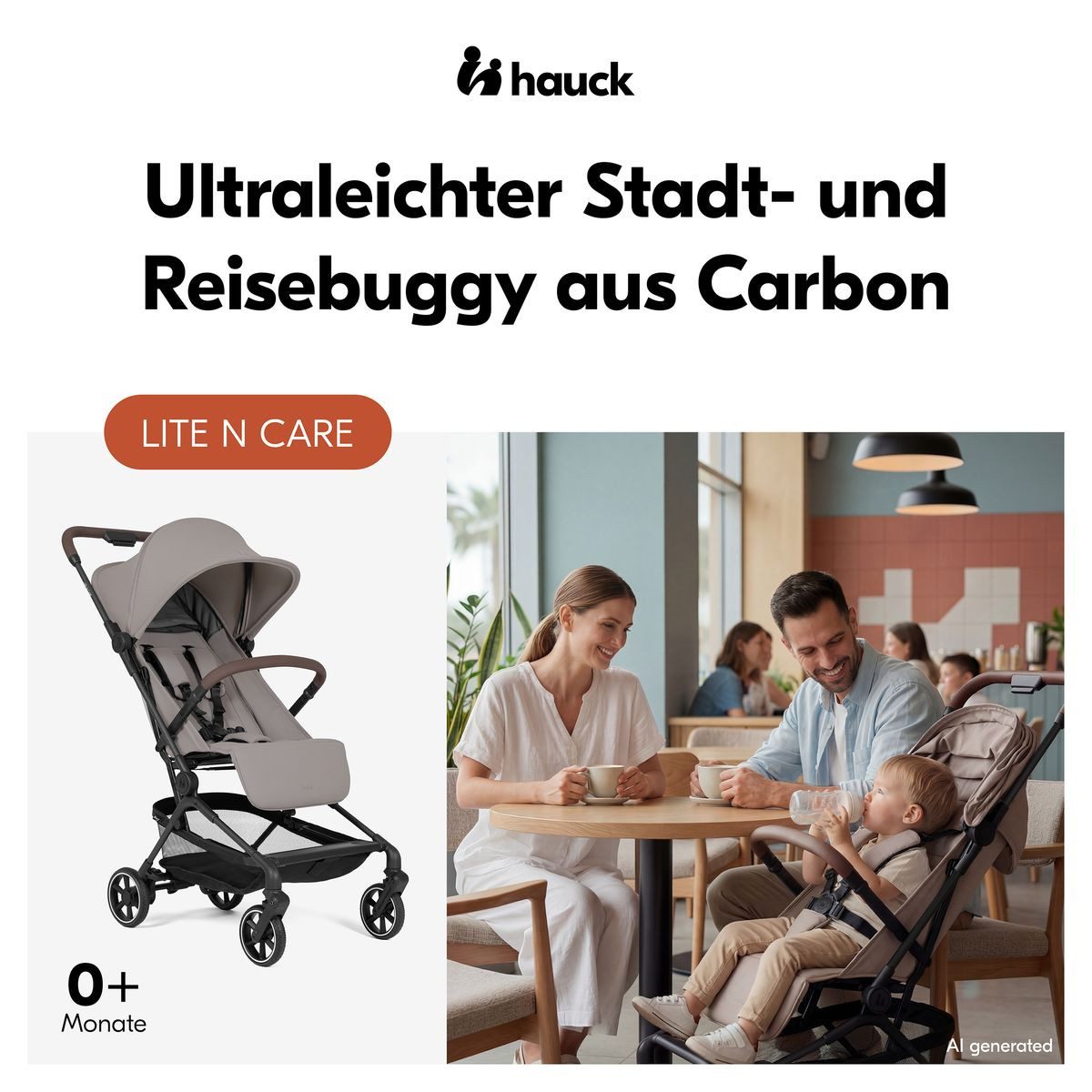 Hauck Kinder-Buggy Lite N Care - Sandy Taupe, Sportwagen Reisebuggy faltbar mit Liegefunktion & Zubehör bis 22 kg