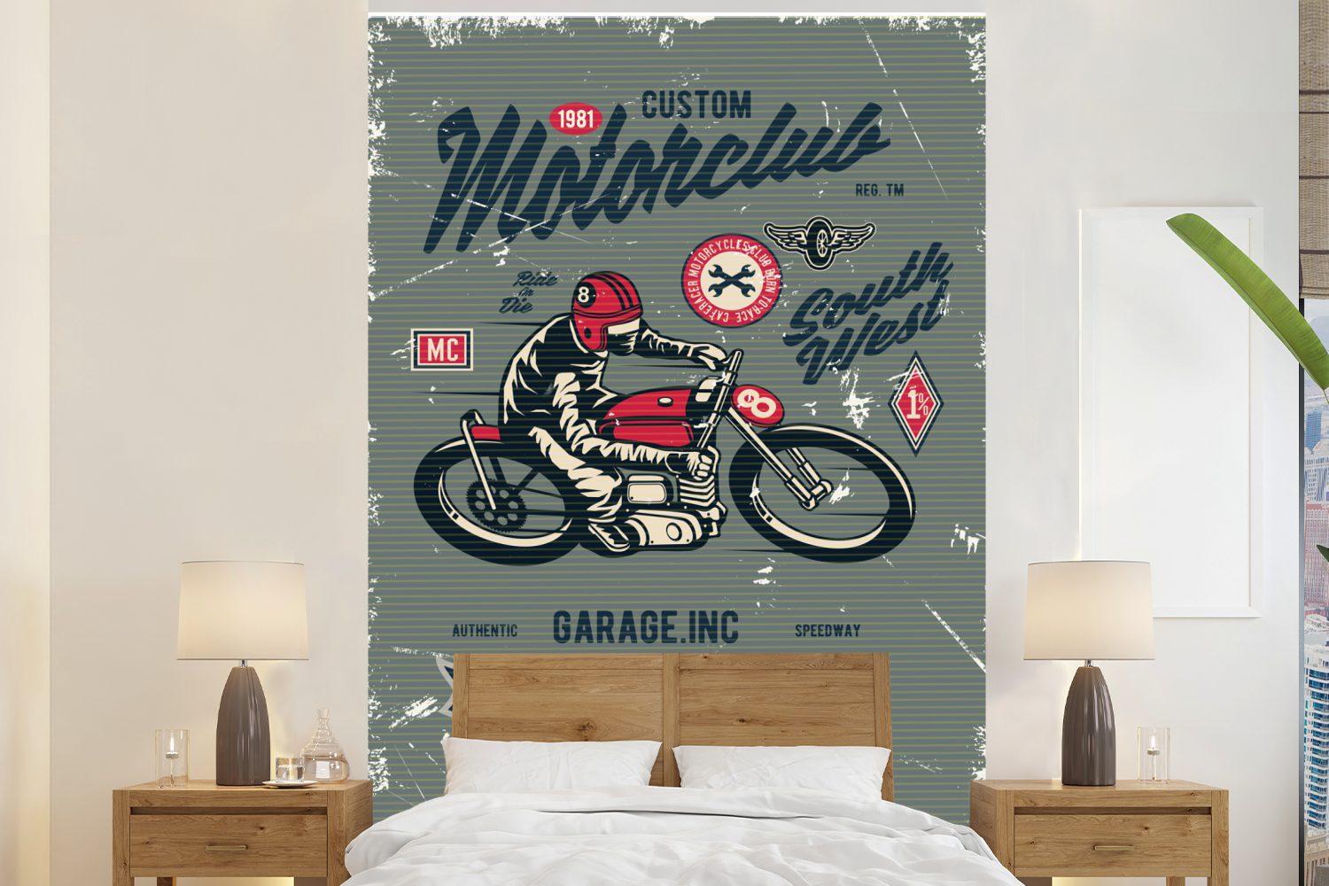 MuchoWow Fototapete Motorrad - Sport - Retro - Zeichnung, Matt, bedruckt, (3 St), Montagefertig Vinyl Tapete für Wohnzimmer, Wandtapete