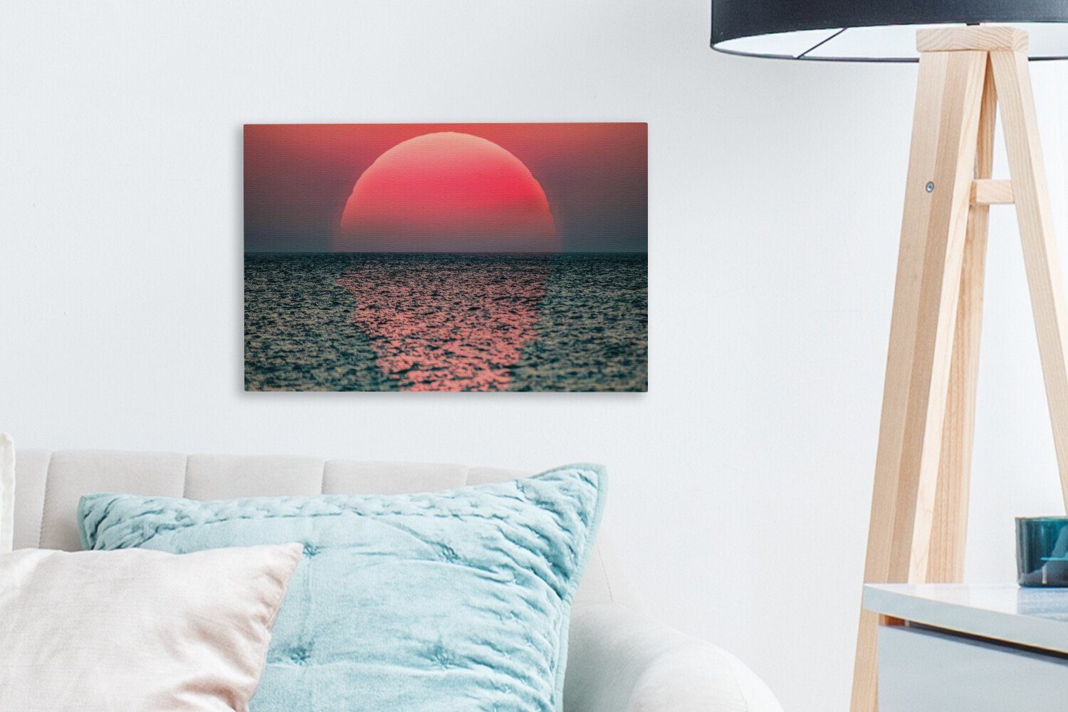Leinwandbild (1 Aufhängefertig, Wanddeko, Leinwandbilder, auf OneMillionCanvasses® Wandbild cm Sonnenuntergang 30x20 dem St), Meer,