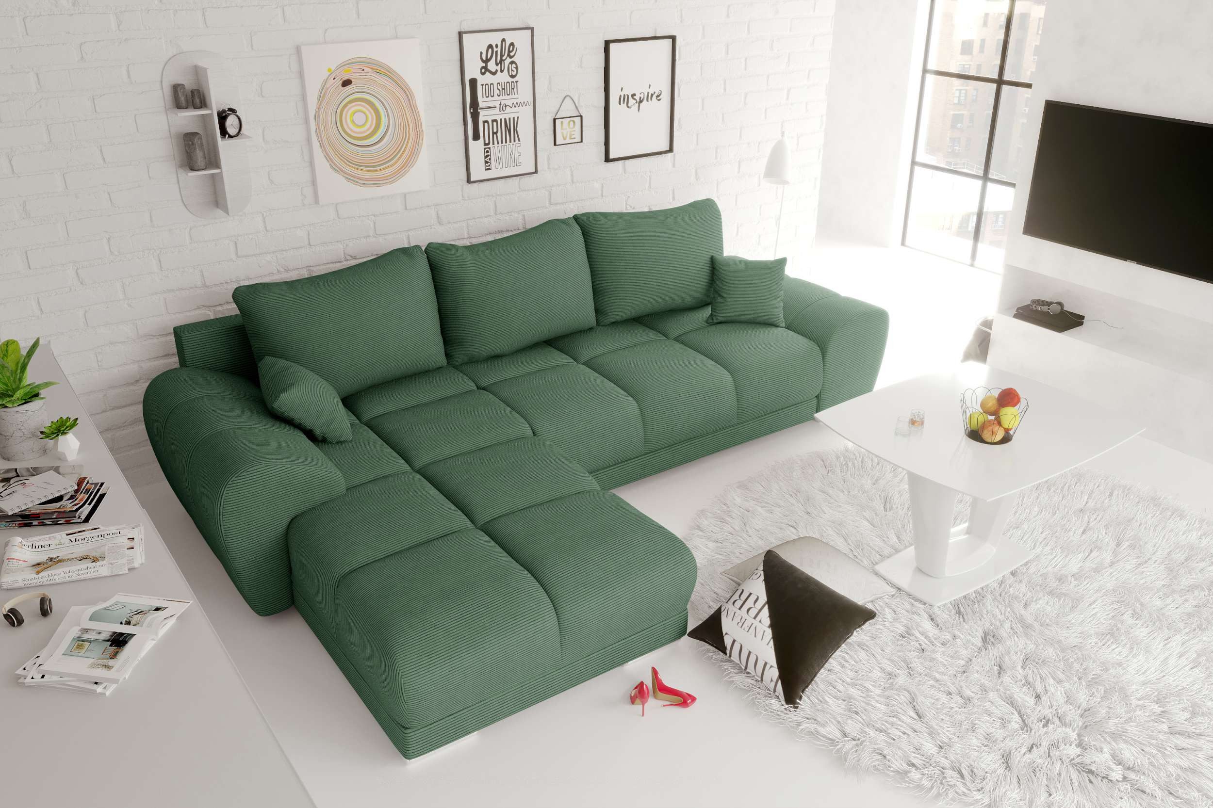 99rooms Ecksofa Antalya, Sofa L-Form, Eckcouch, mit Rückenkissen, Schlaffunktion, Cordstoff POSO