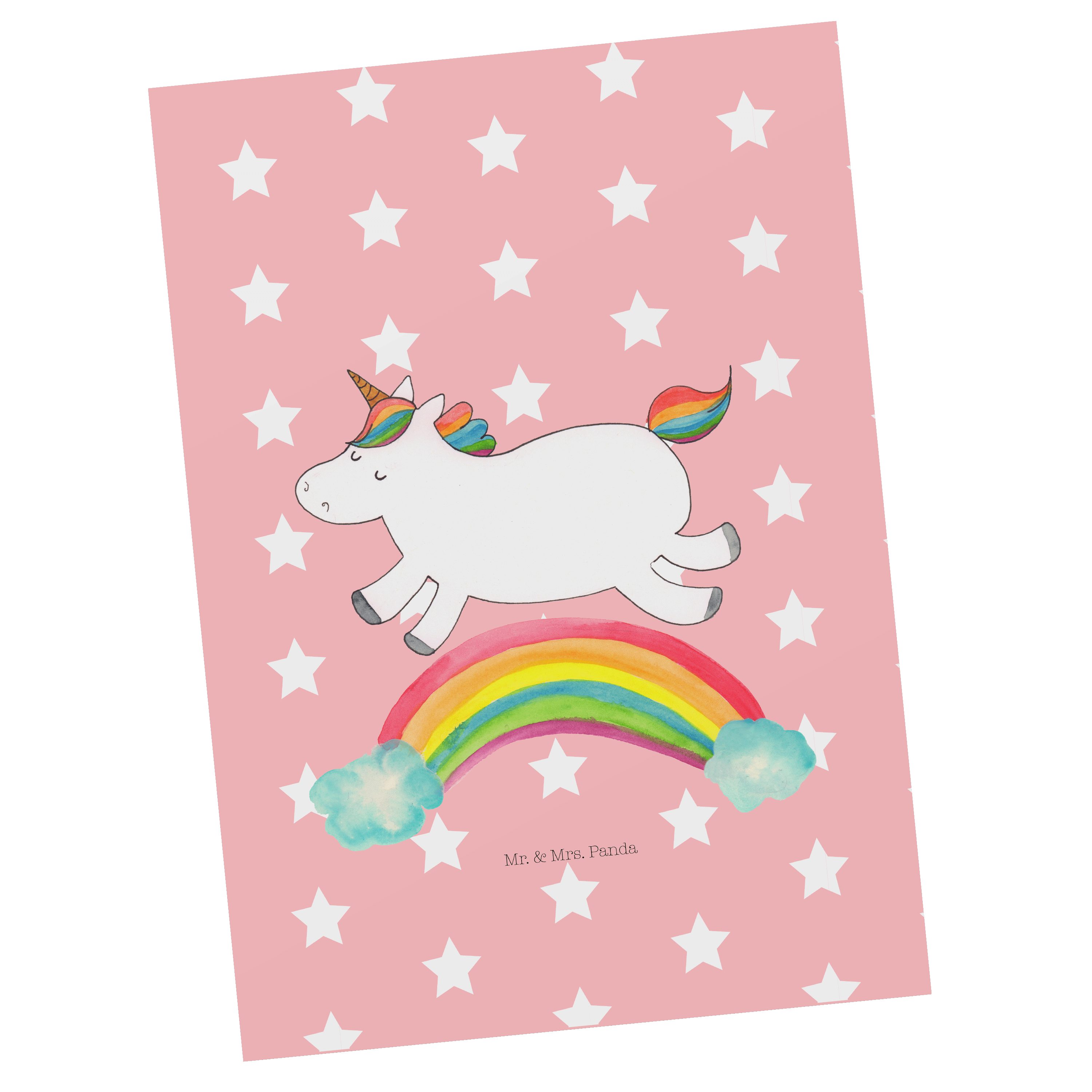 Mr. & Mrs. Panda Postkarte Einhorn Regenbogen - Rot Pastell - Geschenk, Einladung, Geburtstagska