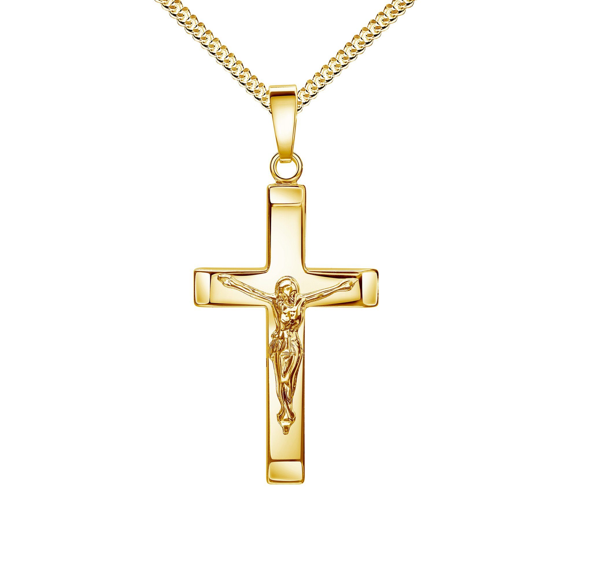 JEVELION Kreuzkette Kruzifix Anhänger 585 Gold (Goldanhänger, für Damen und Herren), Mit Kette vergoldet- Länge wählbar 36 - 70 cm.
