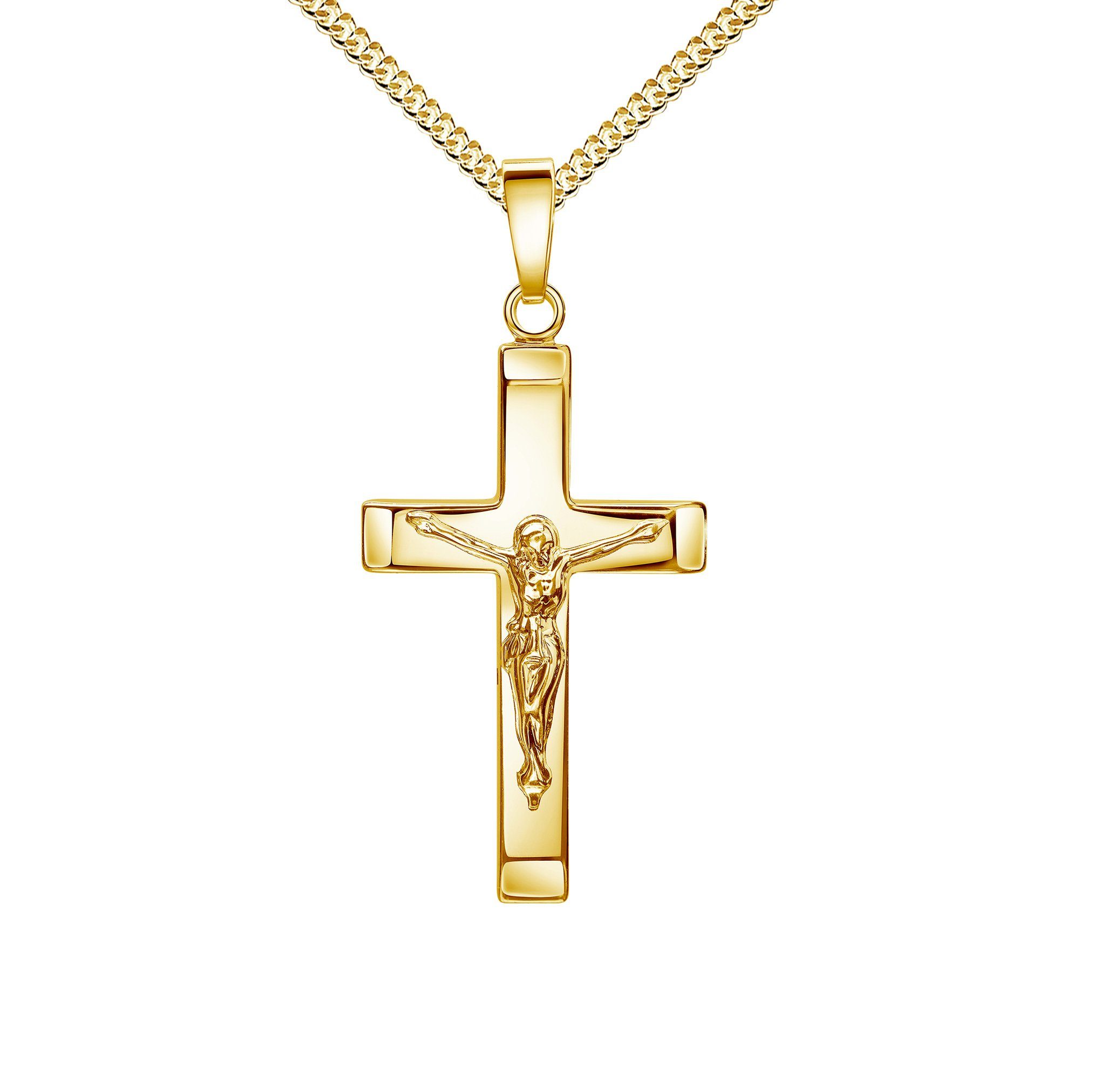 JEVELION Kreuzkette Kruzifix Kreuz Anhänger 333 Gold (Goldanhänger, für Damen und Herren), Mit Kette vergoldet- Länge wählbar 36 - 70 cm.