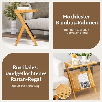 COSTWAY Couchtisch, Bambus, mit gehärteter Glasplatte & Rattan Magazinhalter